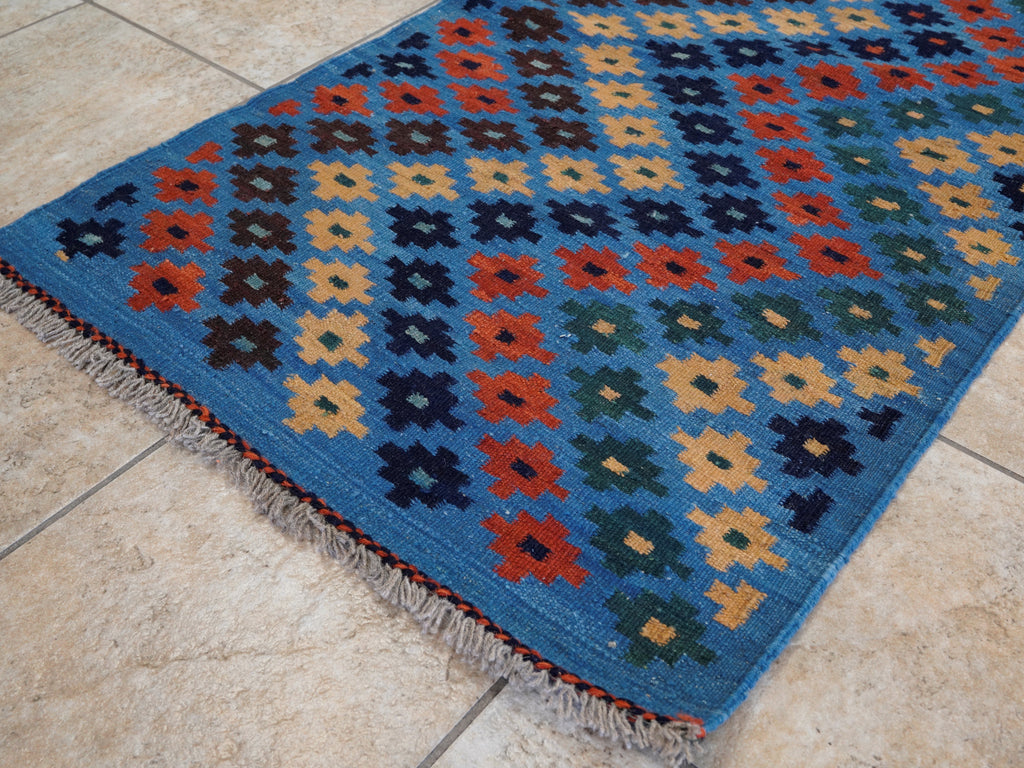8 Ft Blue Contemporary Killim Runner Rug  - Handwoven Flatweave Runner