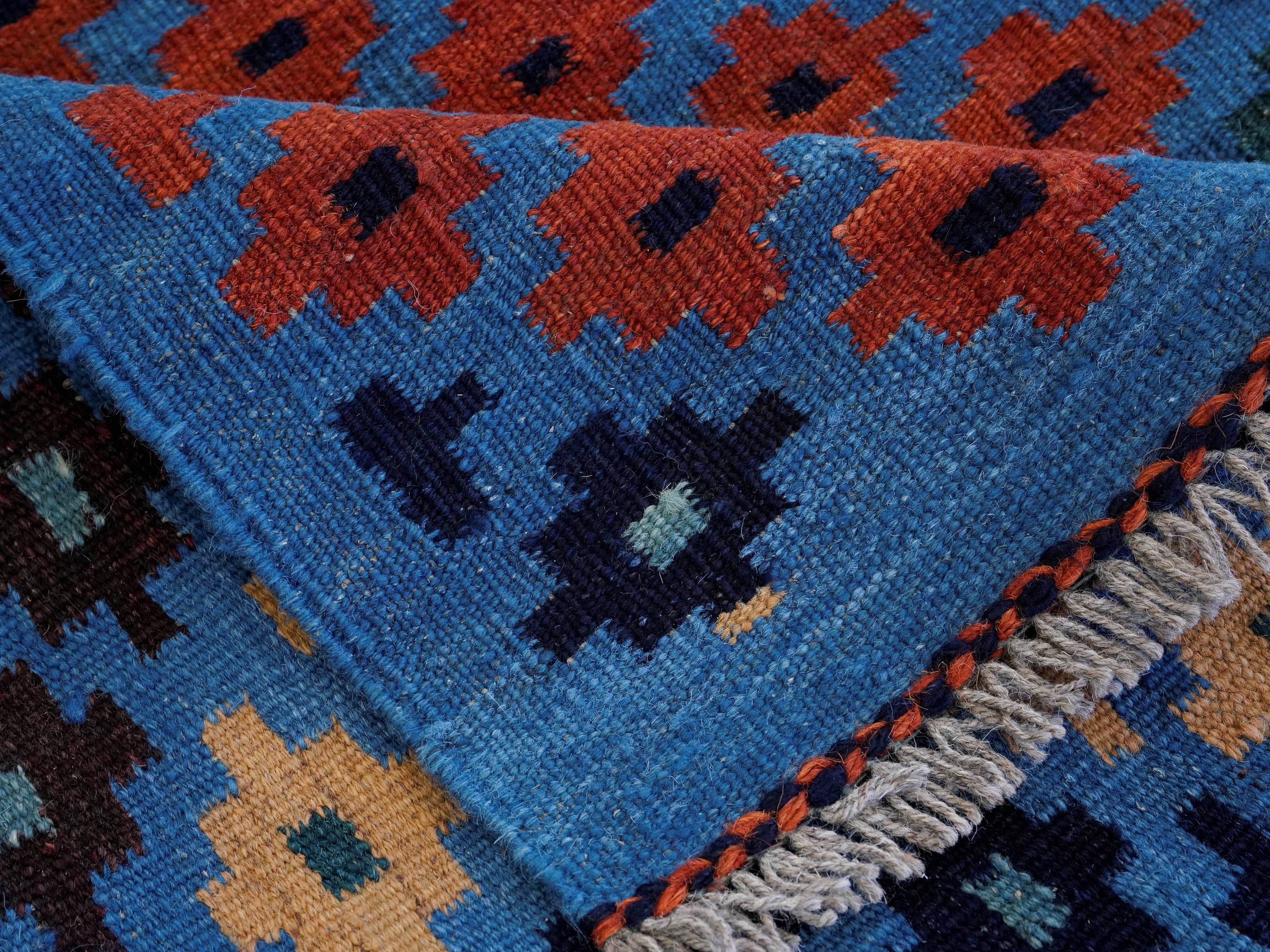 8 Ft Blue Contemporary Killim Runner Rug  - Handwoven Flatweave Runner