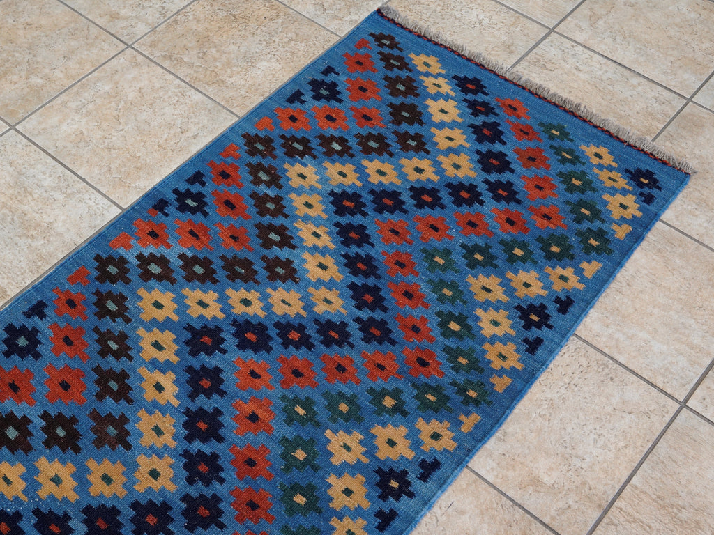 8 Ft Blue Contemporary Killim Runner Rug  - Handwoven Flatweave Runner