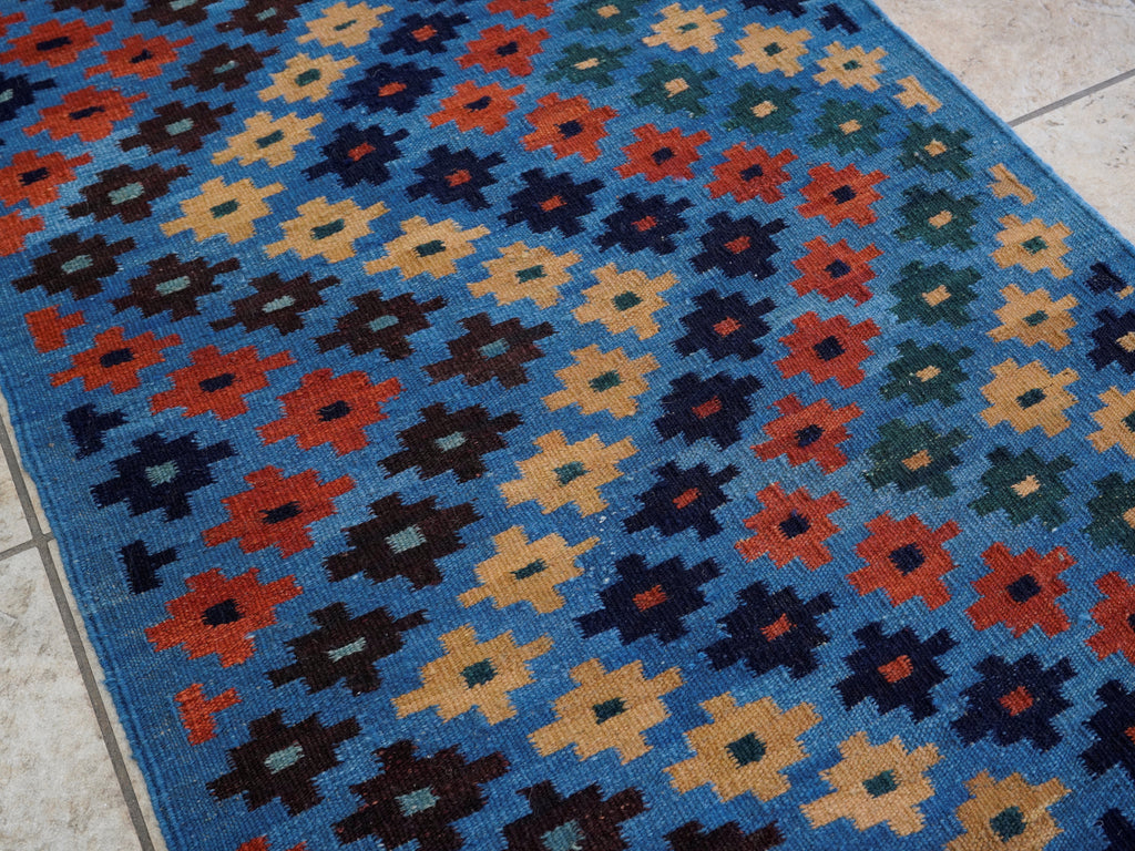 8 Ft Blue Contemporary Killim Runner Rug  - Handwoven Flatweave Runner