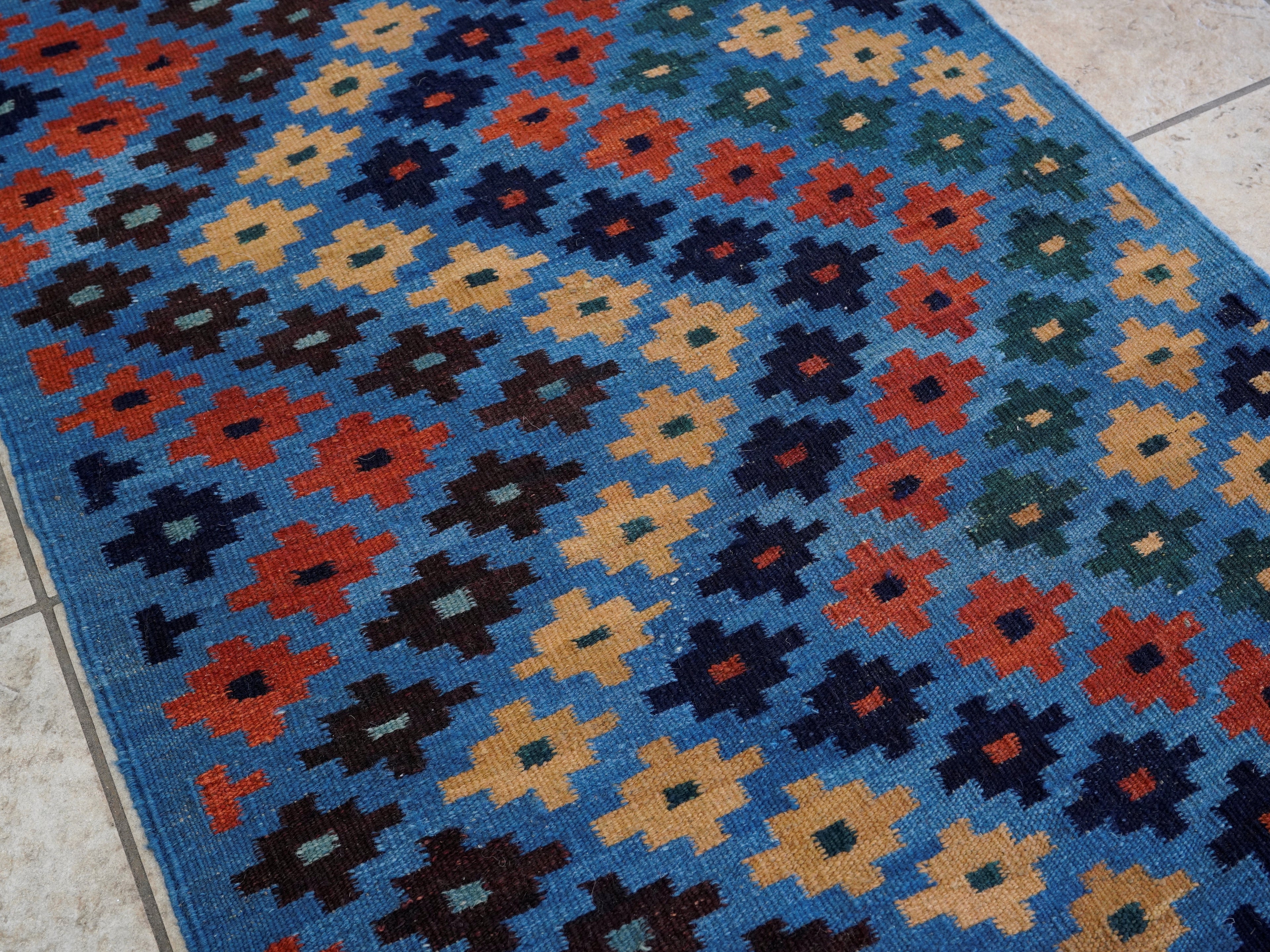 8 Ft Blue Contemporary Killim Runner Rug  - Handwoven Flatweave Runner