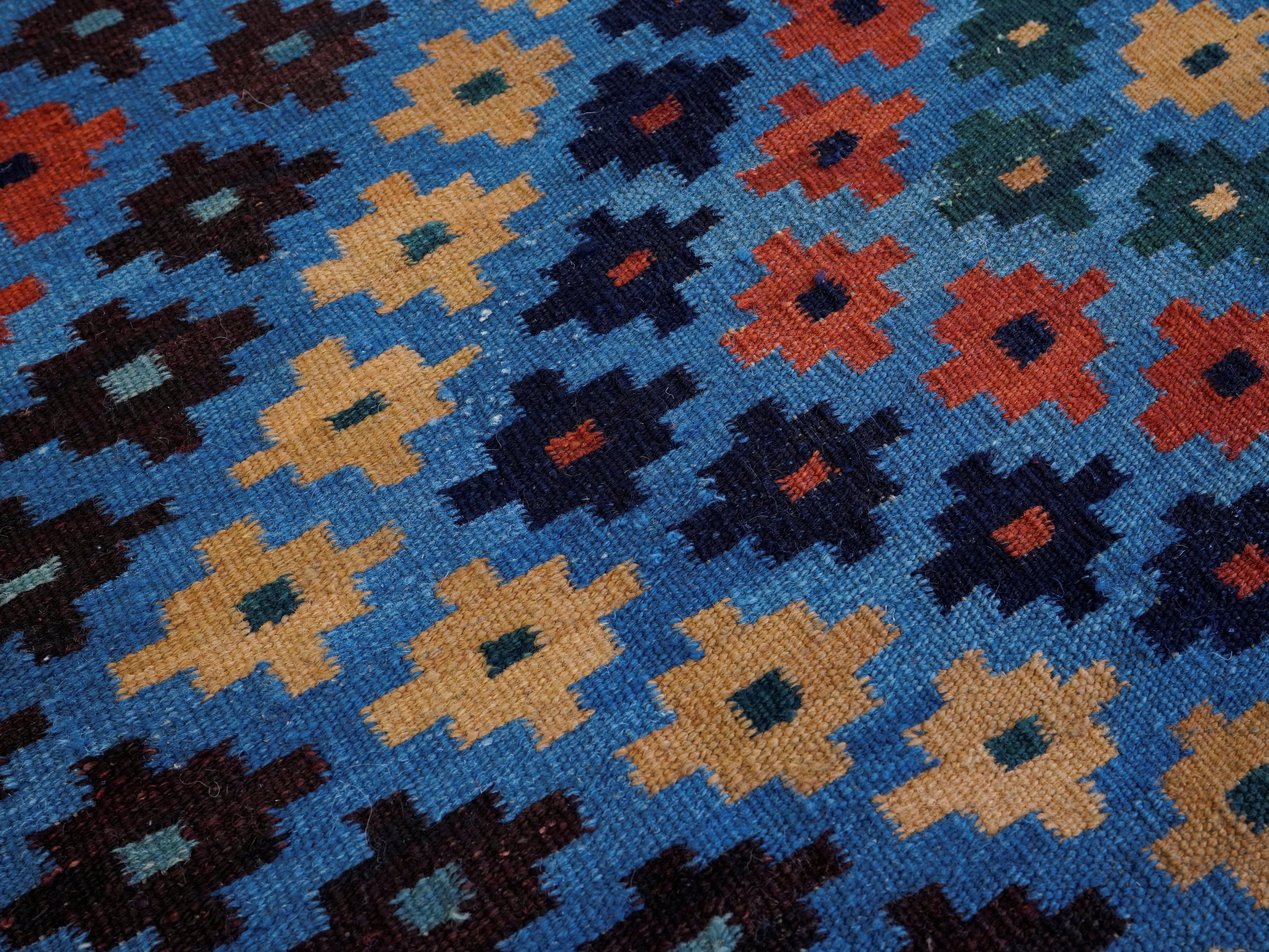 8 Ft Blue Contemporary Killim Runner Rug  - Handwoven Flatweave Runner