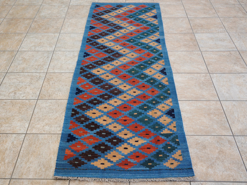 8 Ft Blue Contemporary Killim Runner Rug  - Handwoven Flatweave Runner
