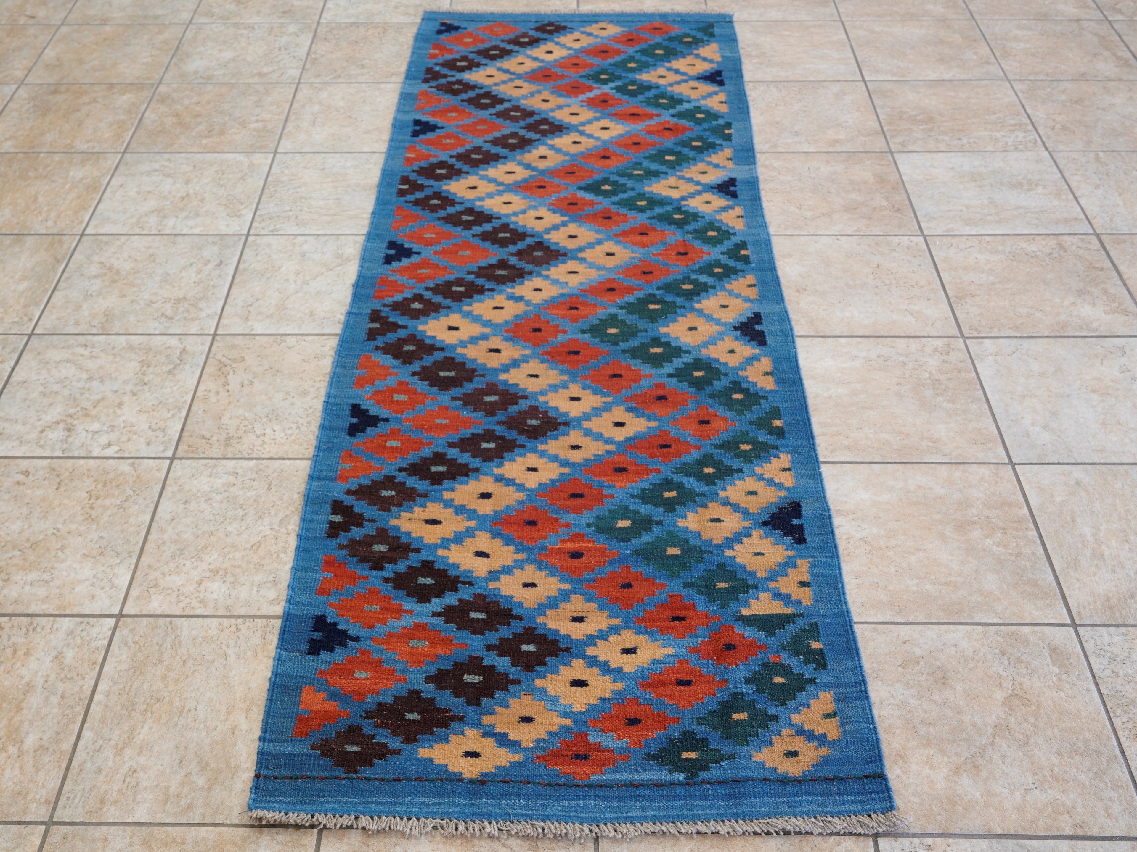 8 Ft Blue Contemporary Killim Runner Rug  - Handwoven Flatweave Runner