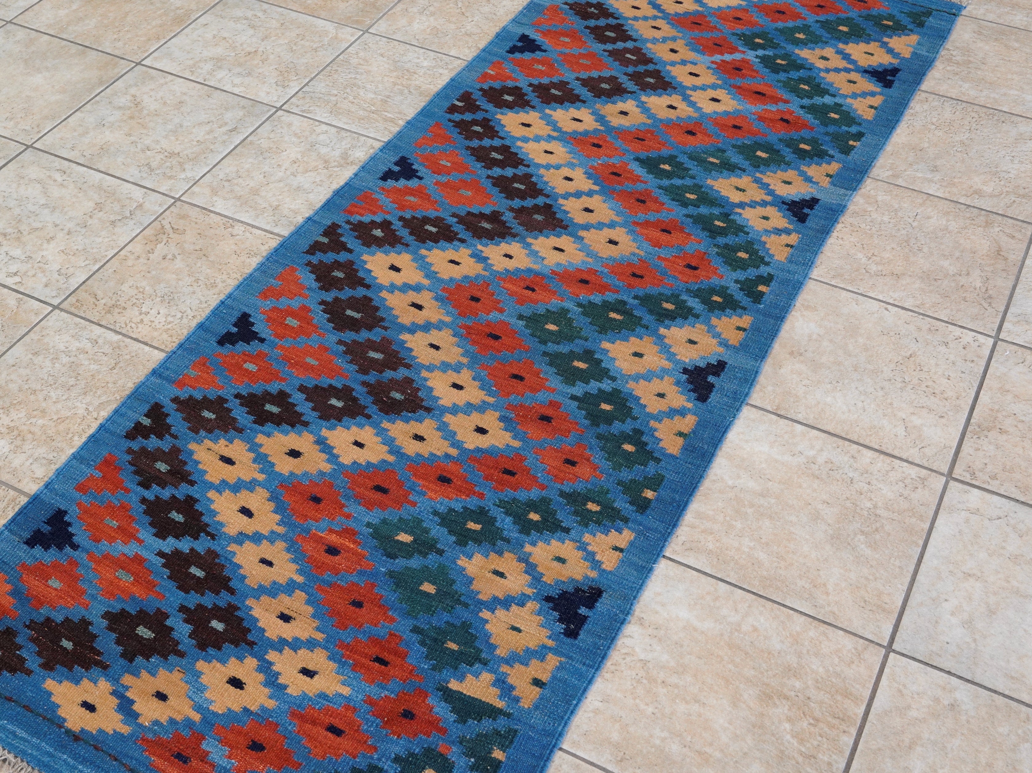 8 Ft Blue Contemporary Killim Runner Rug  - Handwoven Flatweave Runner