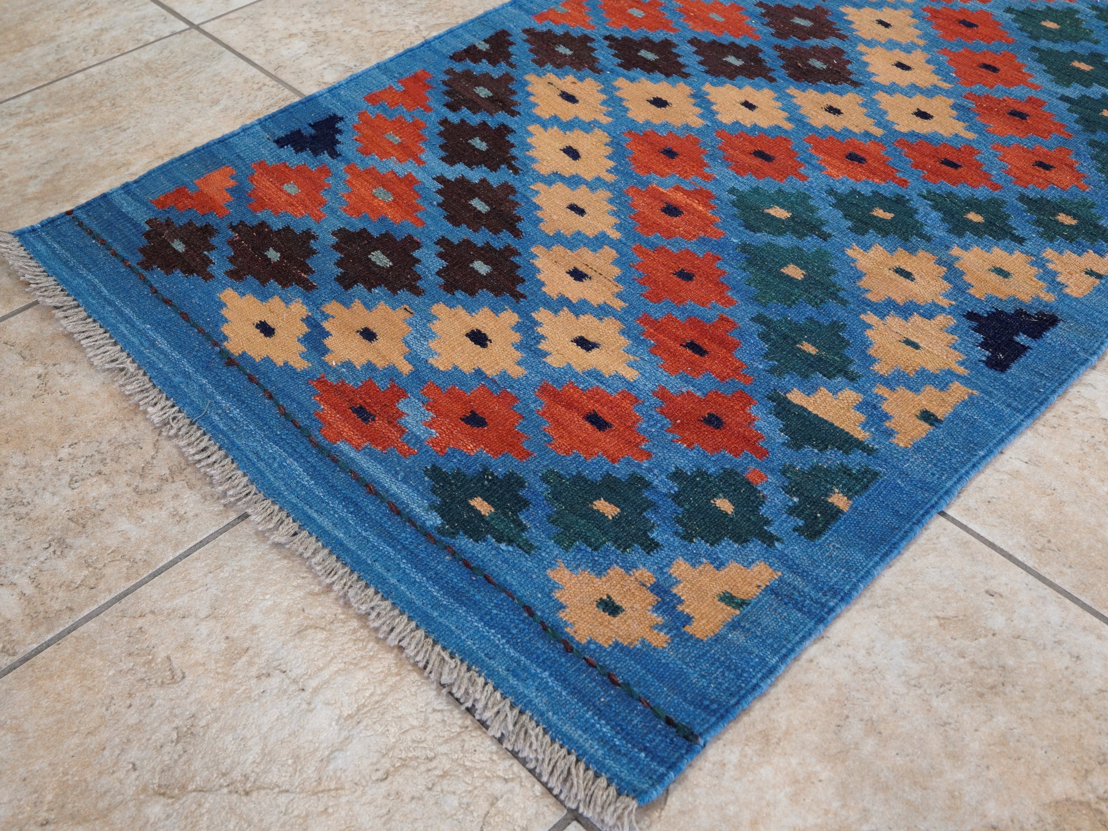8 Ft Blue Contemporary Killim Runner Rug  - Handwoven Flatweave Runner