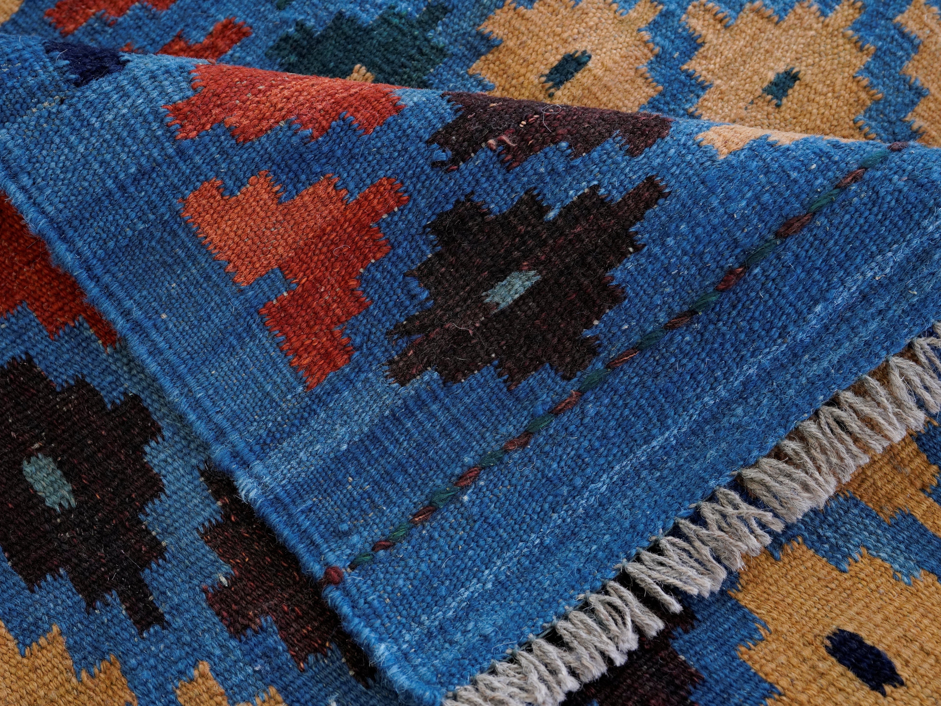 8 Ft Blue Contemporary Killim Runner Rug  - Handwoven Flatweave Runner