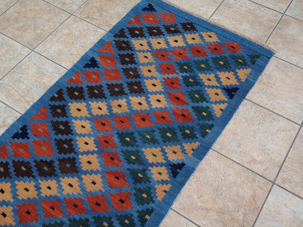 8 Ft Blue Contemporary Killim Runner Rug  - Handwoven Flatweave Runner