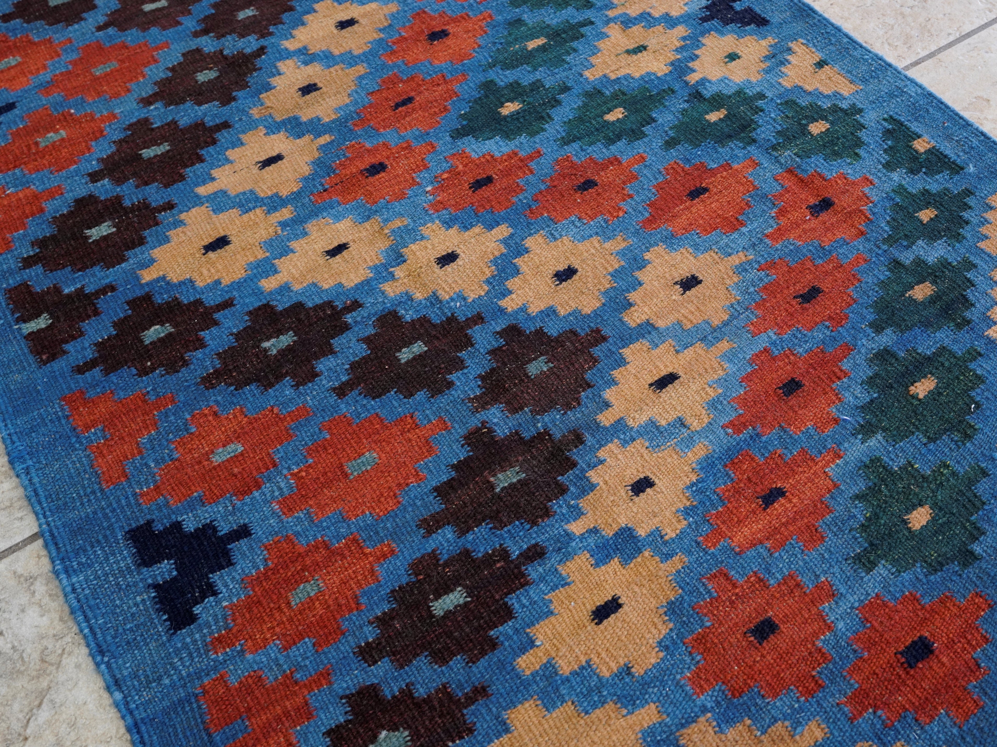 8 Ft Blue Contemporary Killim Runner Rug  - Handwoven Flatweave Runner