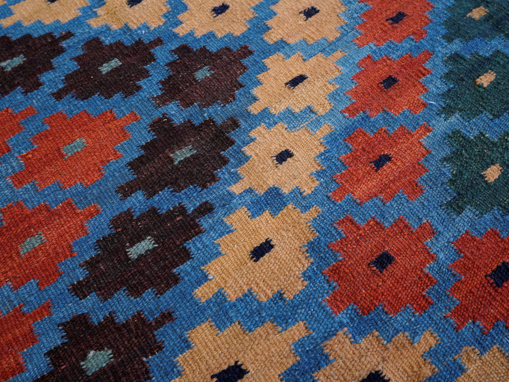 8 Ft Blue Contemporary Killim Runner Rug  - Handwoven Flatweave Runner