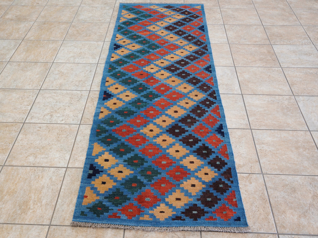 8 Ft Blue Contemporary Killim Runner Rug  - Handwoven Flatweave Runner