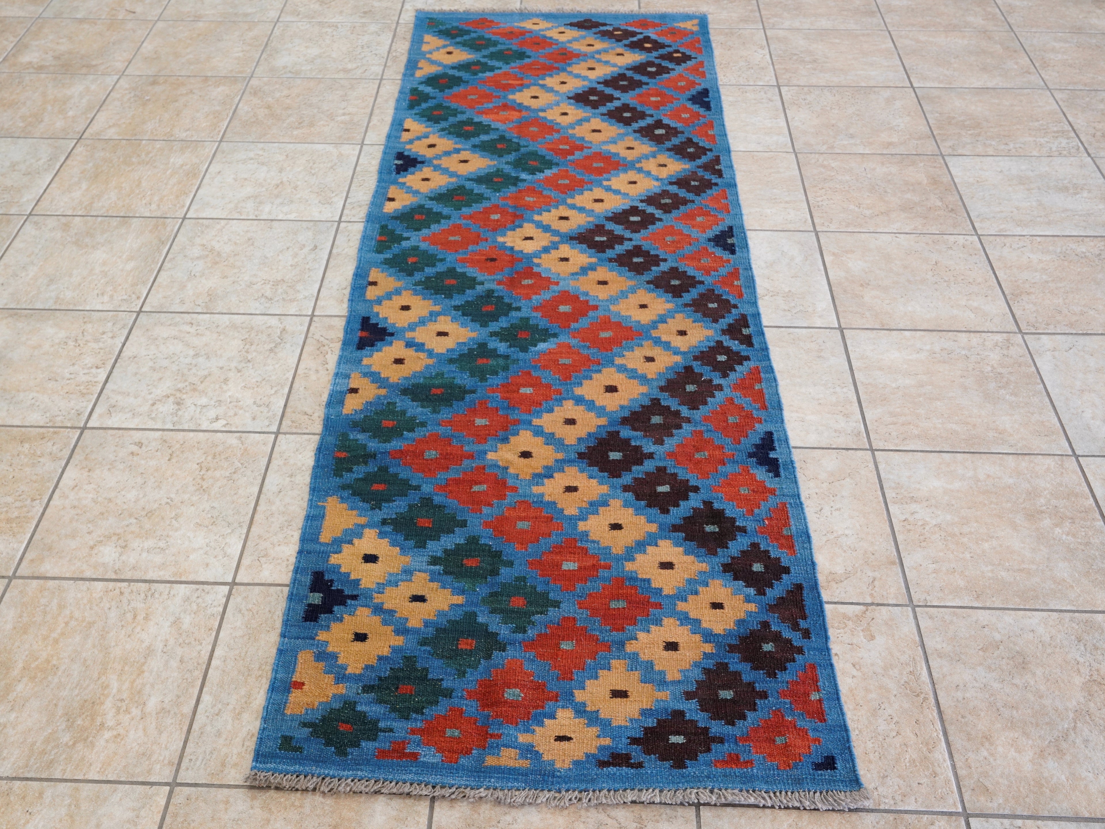 8 Ft Blue Contemporary Killim Runner Rug  - Handwoven Flatweave Runner