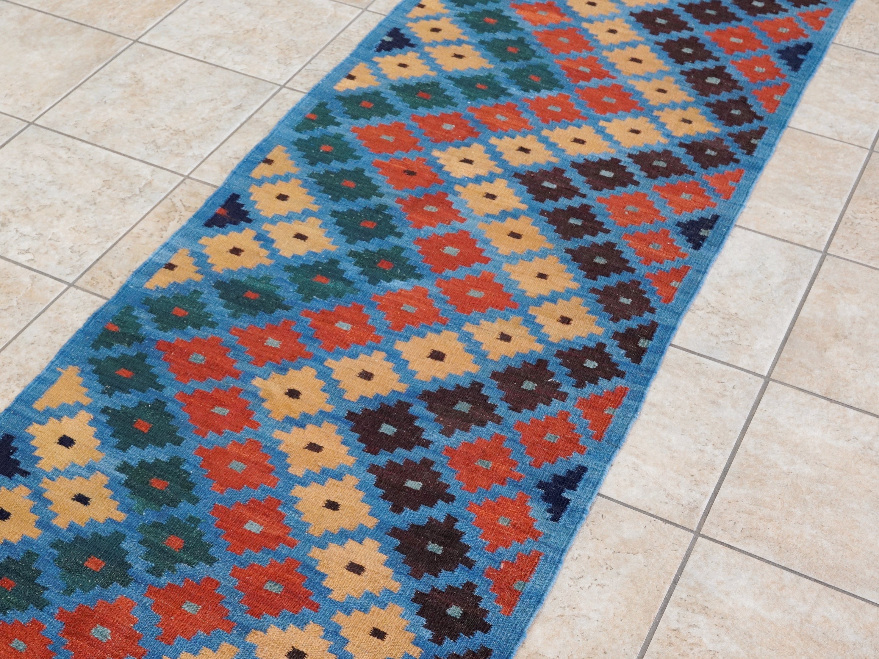 8 Ft Blue Contemporary Killim Runner Rug  - Handwoven Flatweave Runner