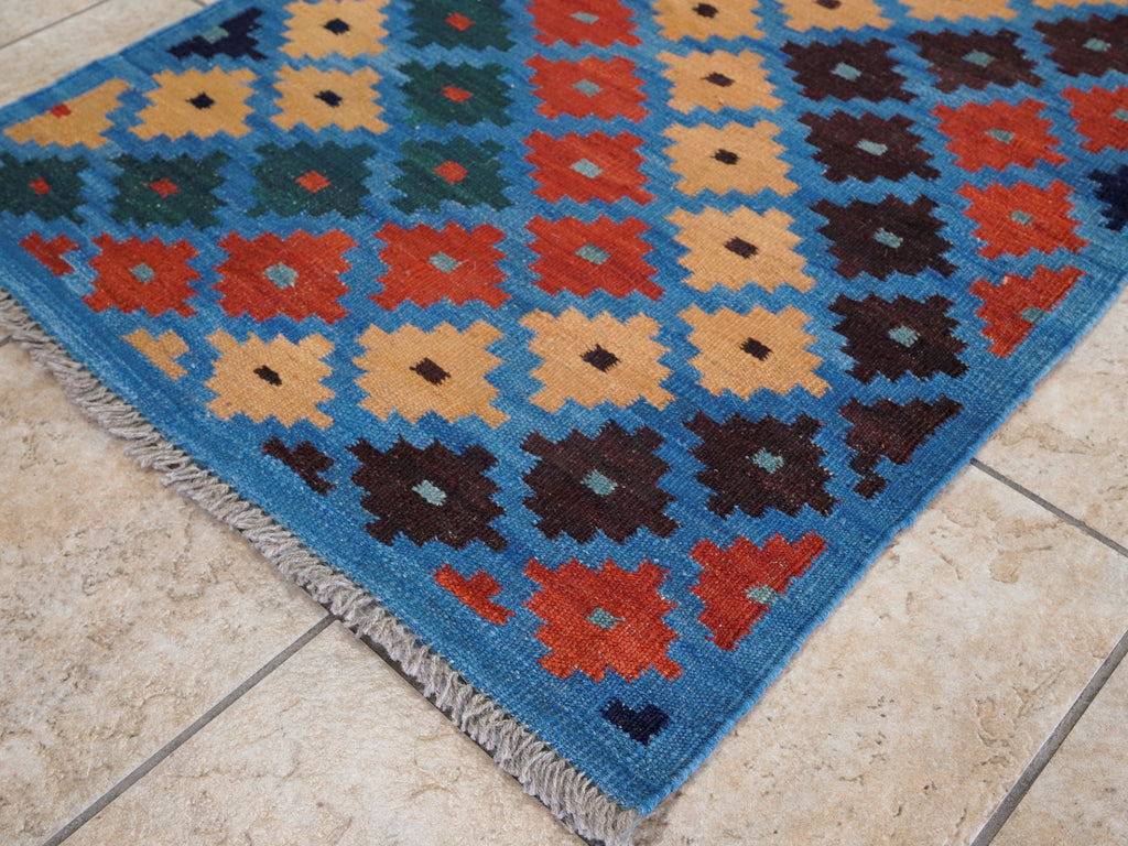 8 Ft Blue Contemporary Killim Runner Rug  - Handwoven Flatweave Runner