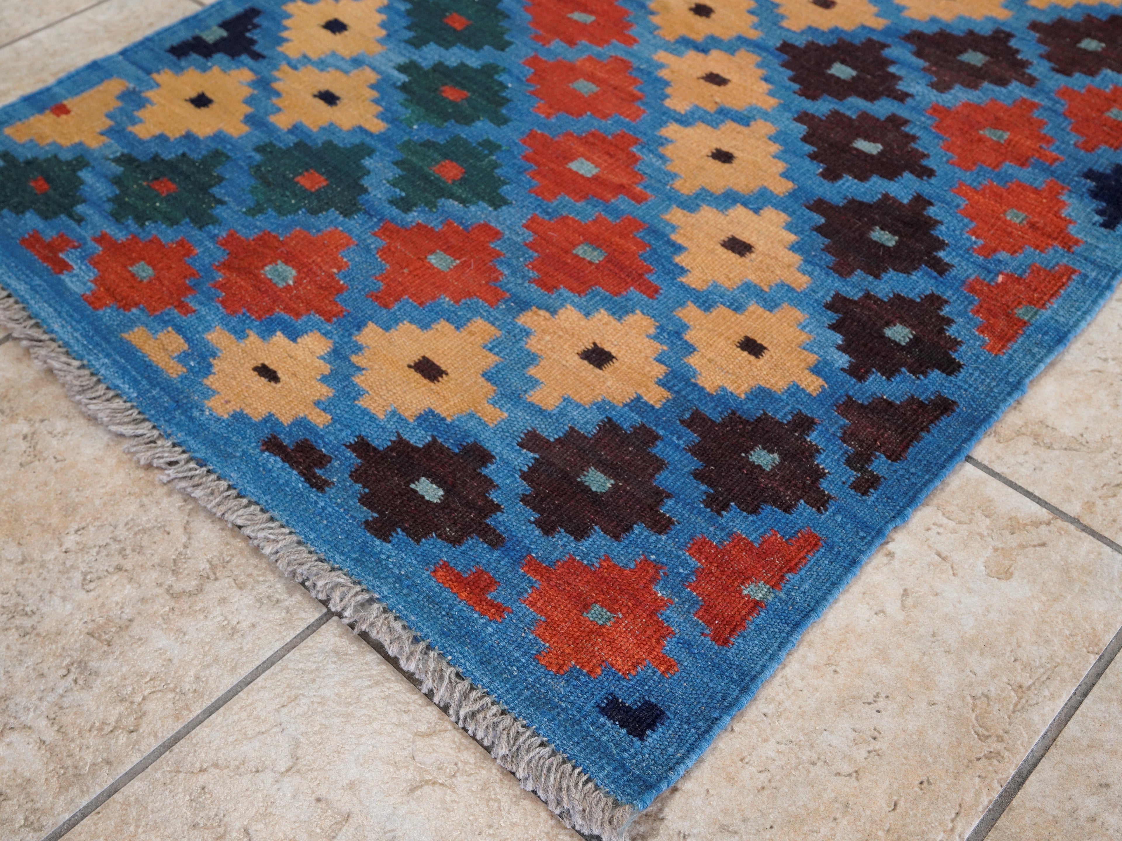 8 Ft Blue Contemporary Killim Runner Rug  - Handwoven Flatweave Runner