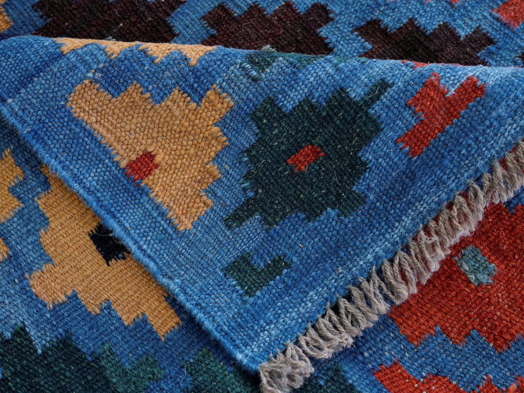 8 Ft Blue Contemporary Killim Runner Rug  - Handwoven Flatweave Runner