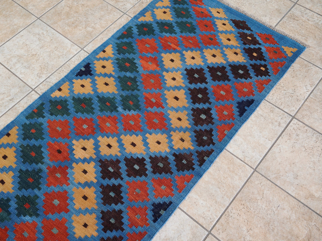8 Ft Blue Contemporary Killim Runner Rug  - Handwoven Flatweave Runner