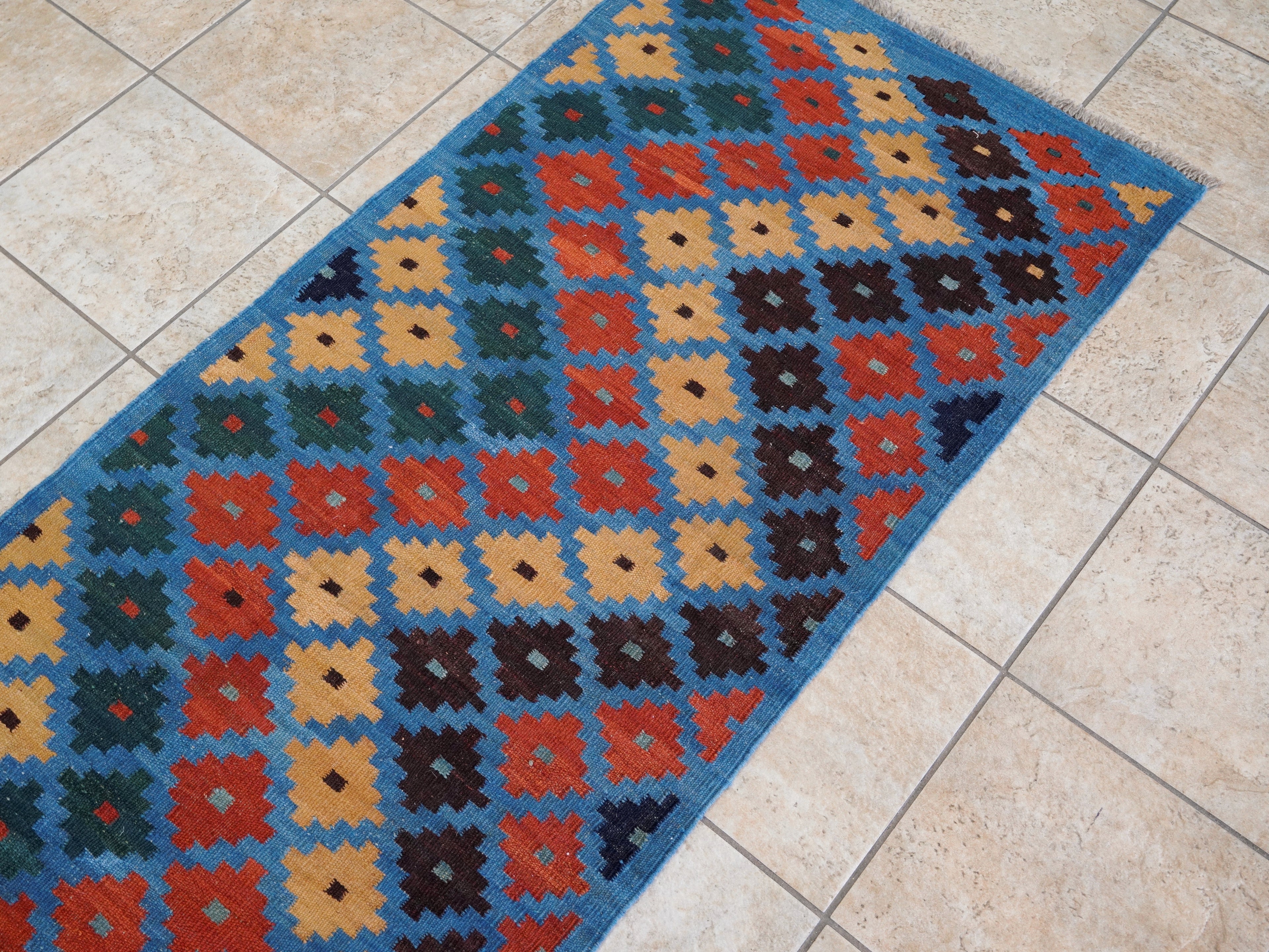 8 Ft Blue Contemporary Killim Runner Rug  - Handwoven Flatweave Runner