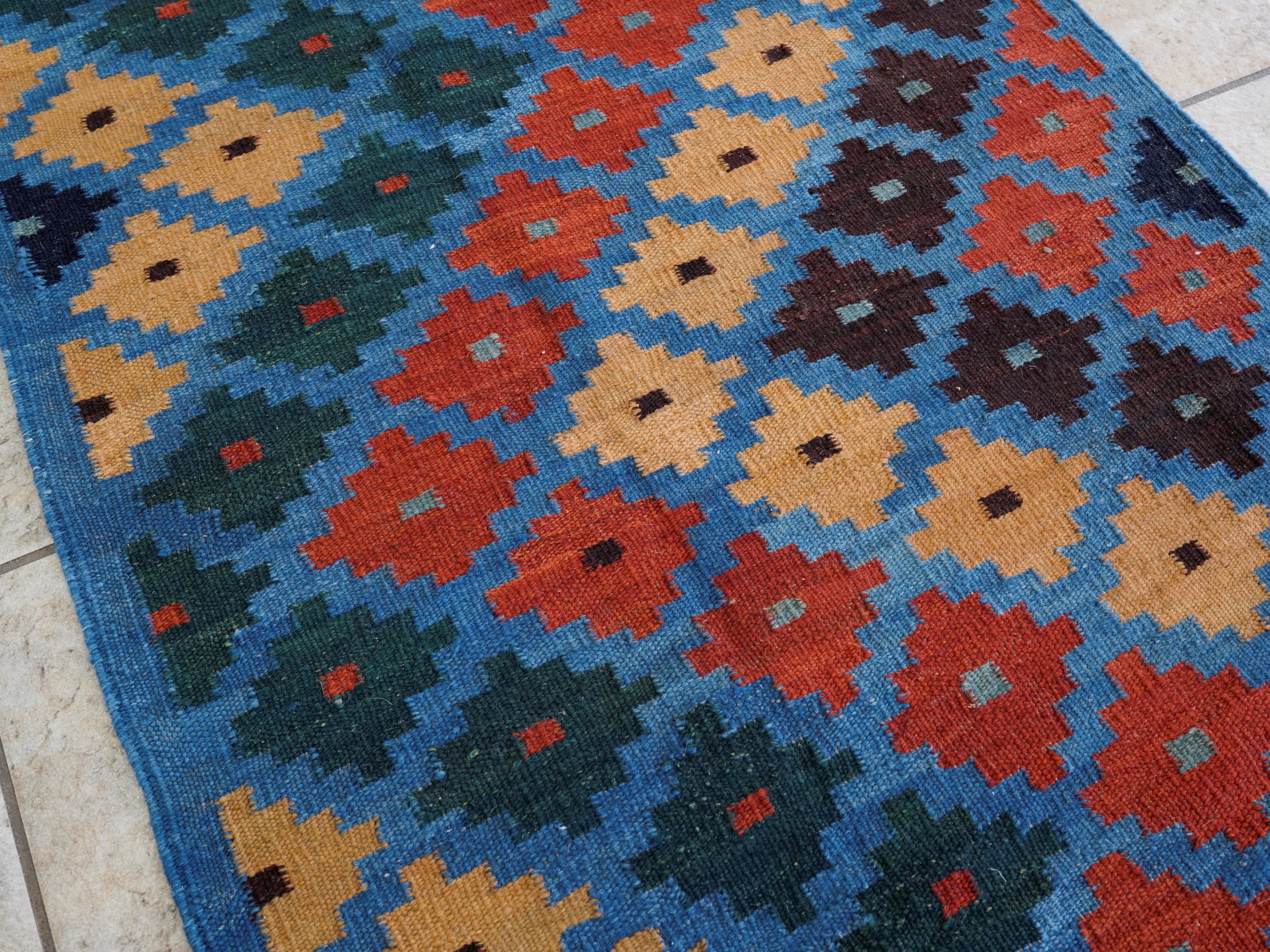8 Ft Blue Contemporary Killim Runner Rug  - Handwoven Flatweave Runner