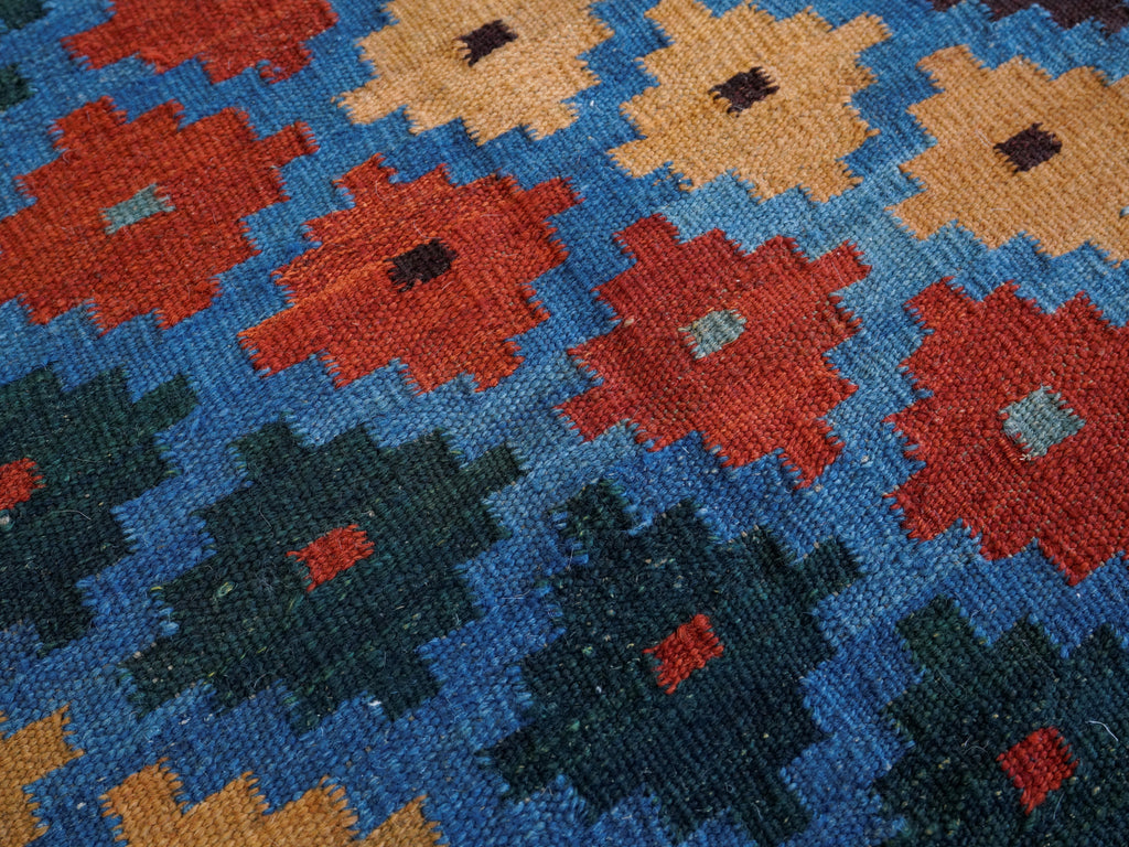 8 Ft Blue Contemporary Killim Runner Rug  - Handwoven Flatweave Runner