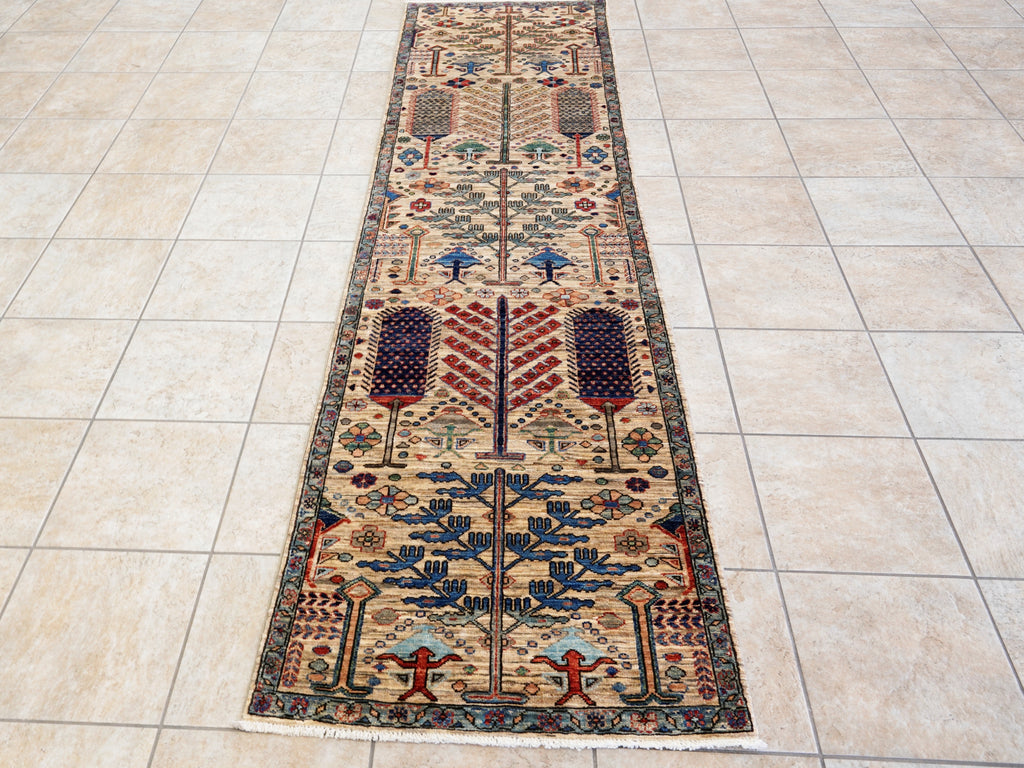 10 Ft Beige Floral Runner Rug - Afghan Hand Knotted Rug