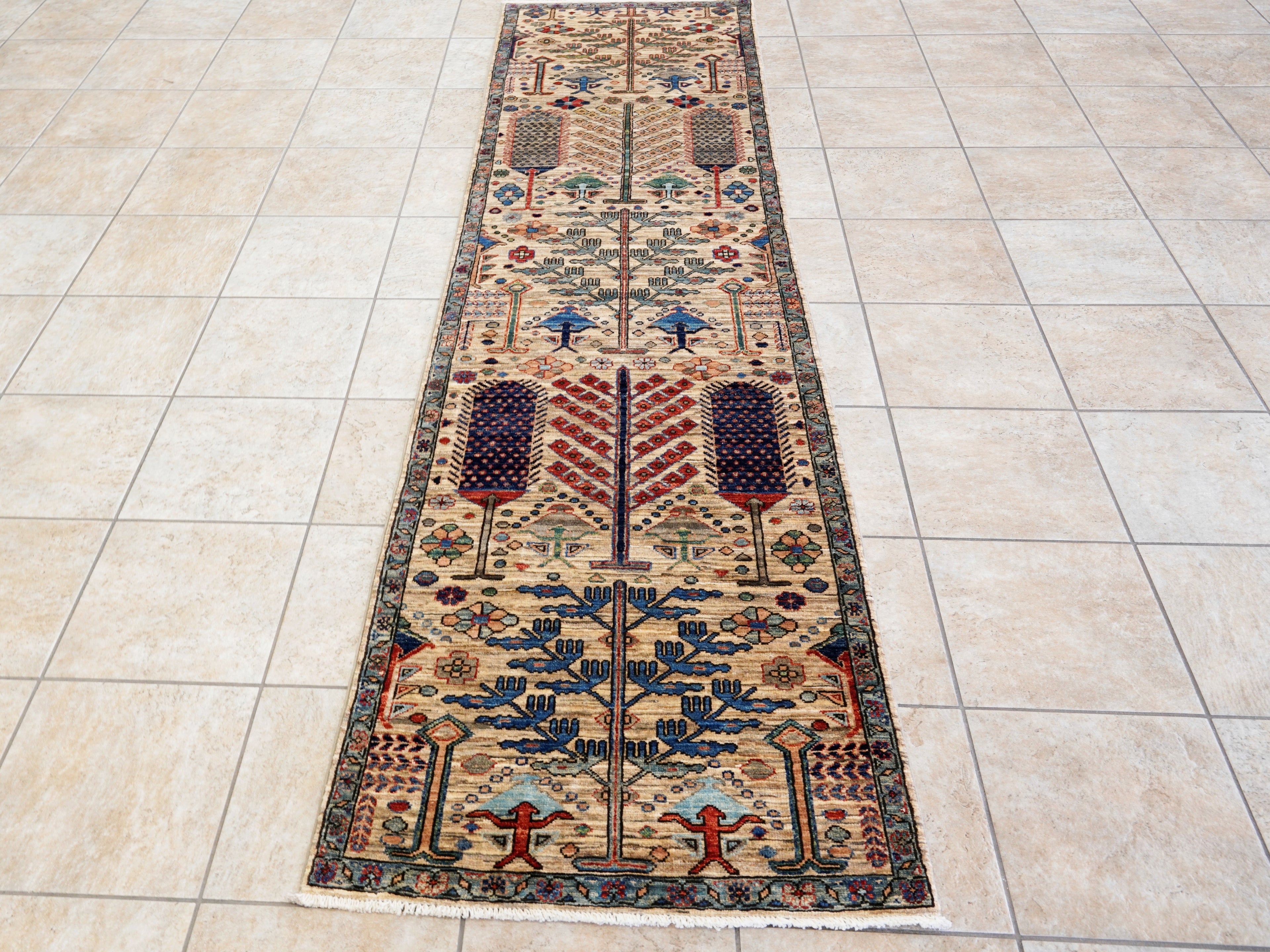10 Ft Beige Floral Runner Rug - Afghan Hand Knotted Rug