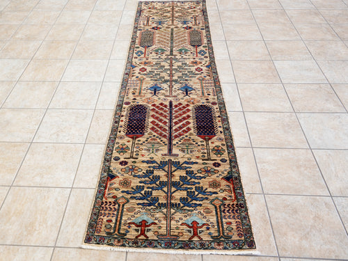 10 Ft Beige Floral Runner Rug - Afghan Hand Knotted Rug