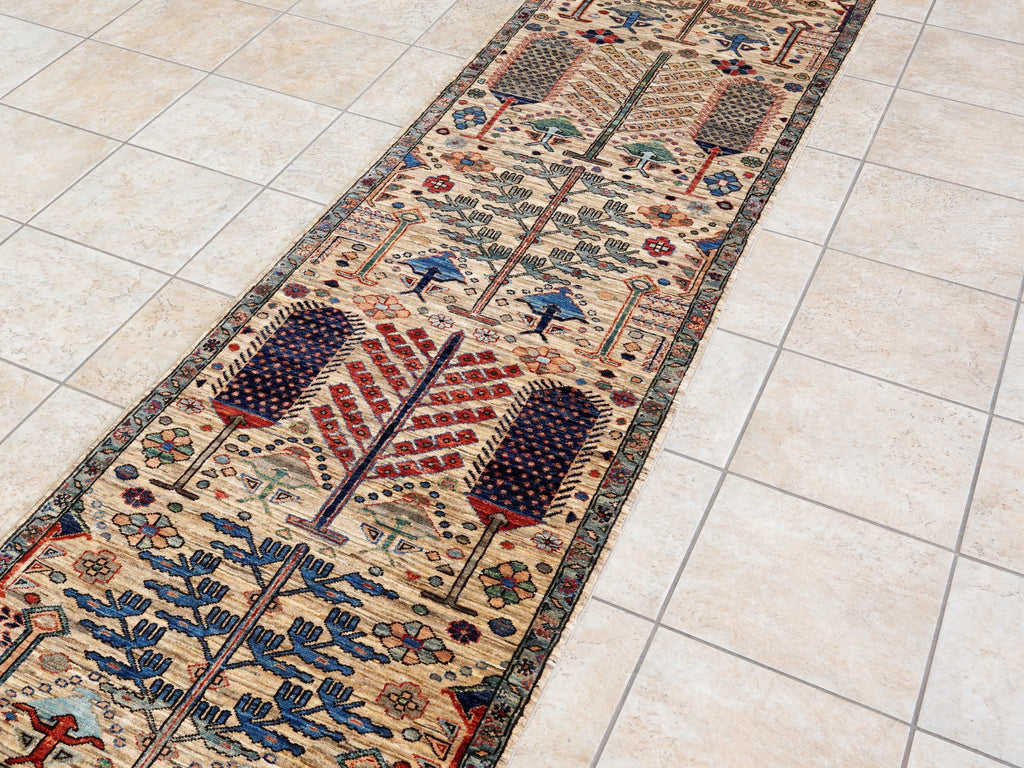 10 Ft Beige Floral Runner Rug - Afghan Hand Knotted Rug