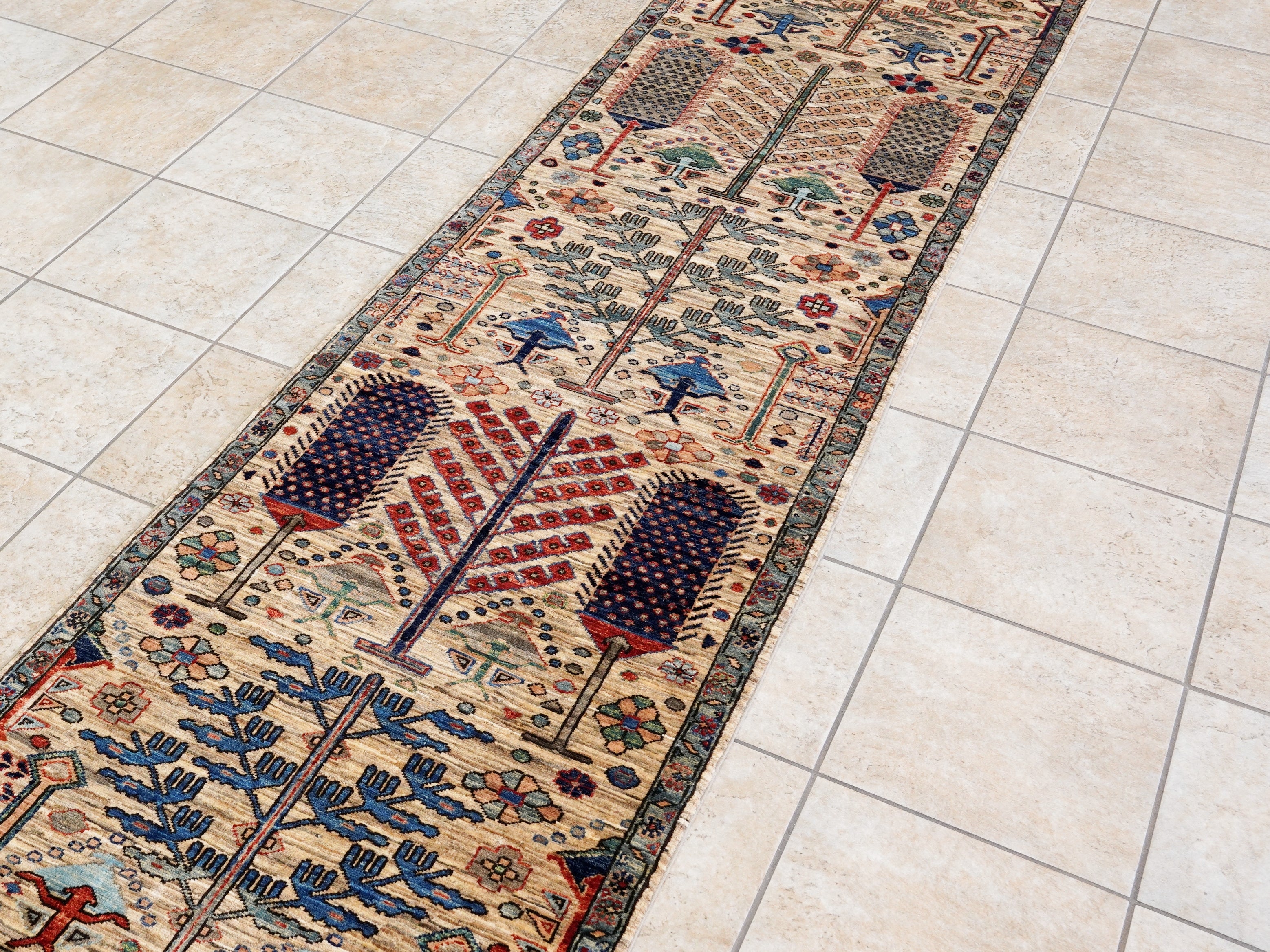 10 Ft Beige Floral Runner Rug - Afghan Hand Knotted Rug