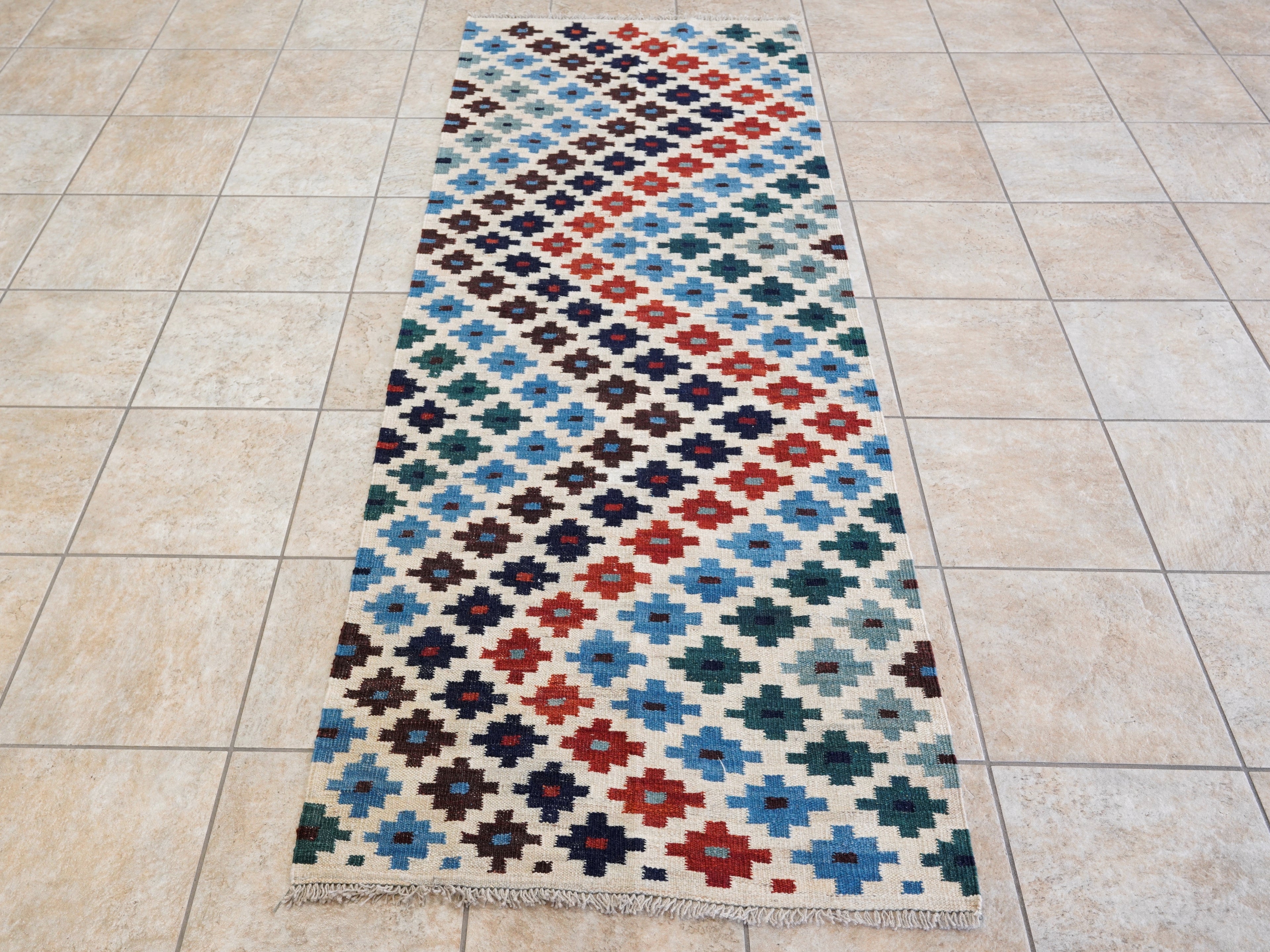 8 Ft Contemporary Killim Runner Rug  - Handwoven Flatweave Runner