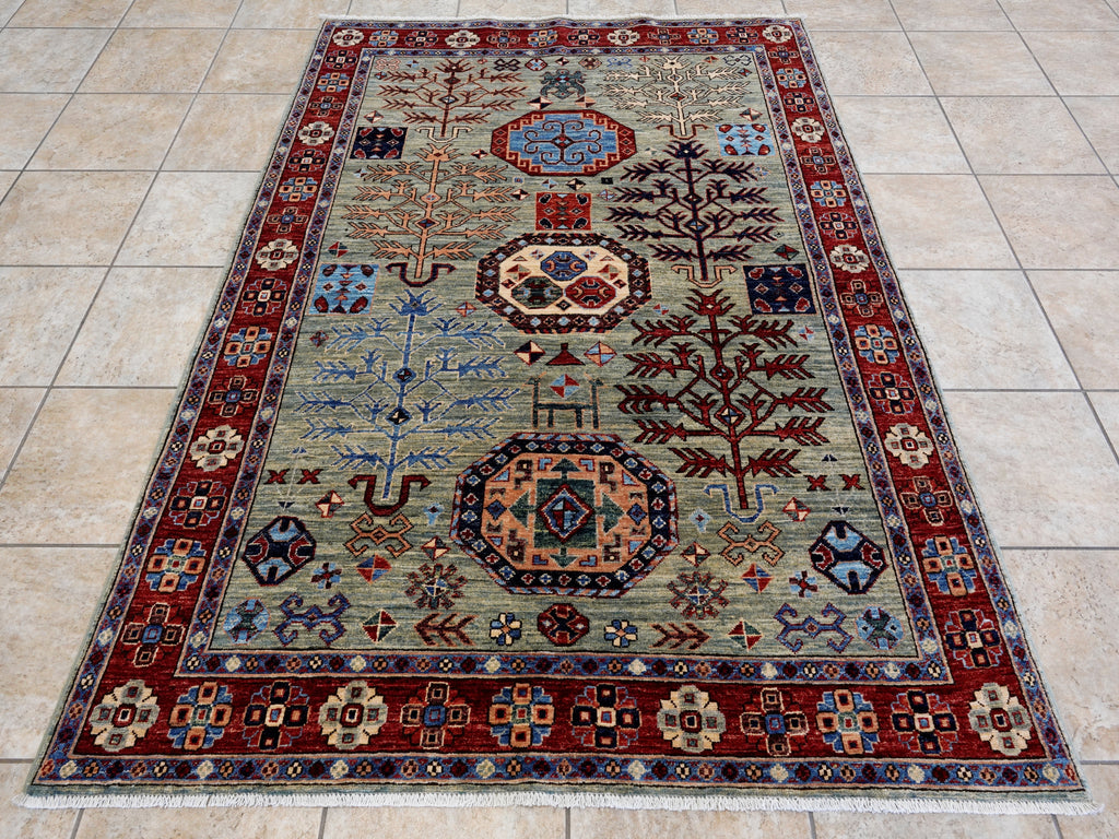 5x7 Ft Green Oriental Rug - Hand Knotted Afghan Rug - Floral Design