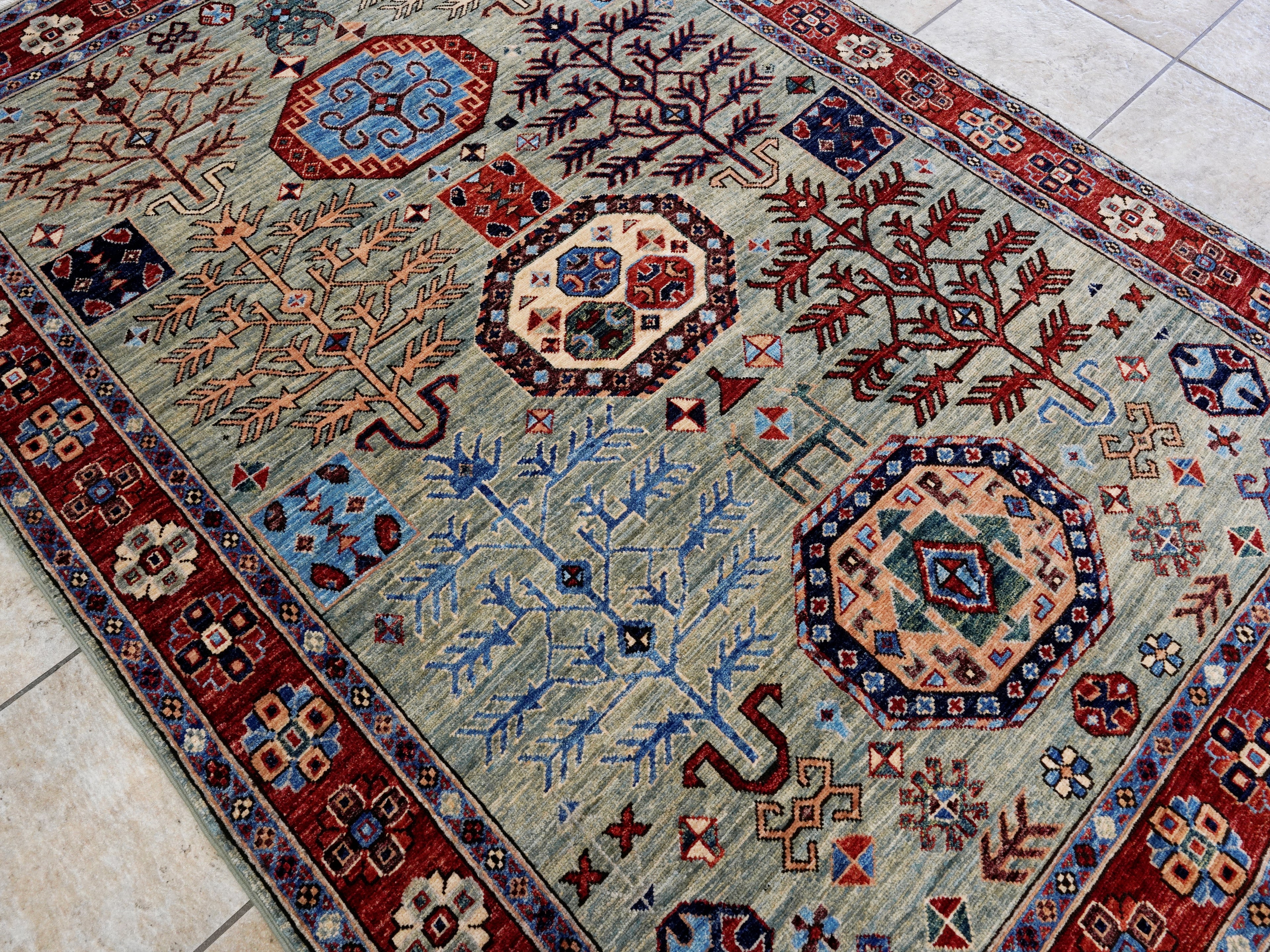 5x7 Ft Green Oriental Rug - Hand Knotted Afghan Rug - Floral Design
