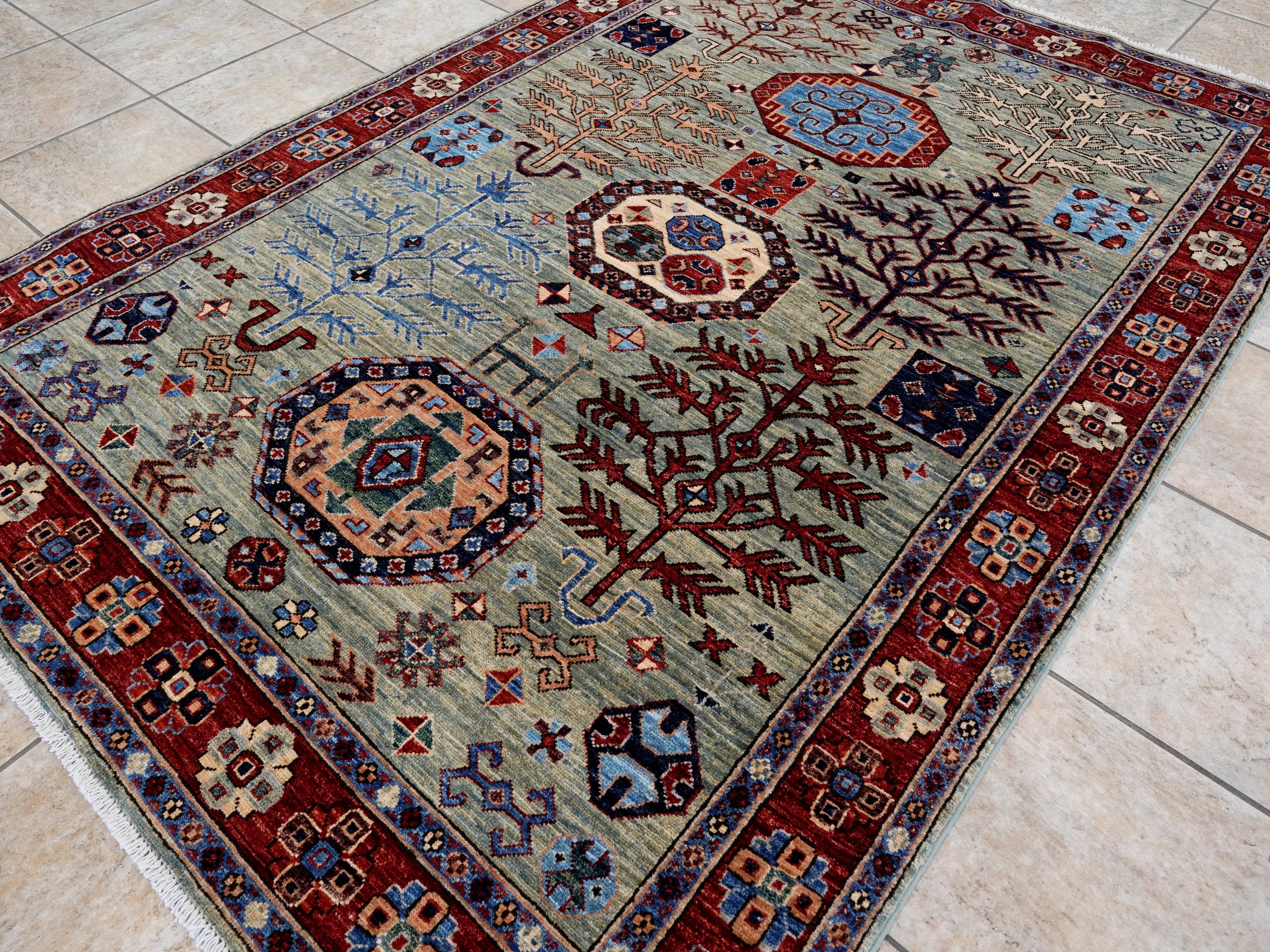5x7 Ft Green Oriental Rug - Hand Knotted Afghan Rug - Floral Design
