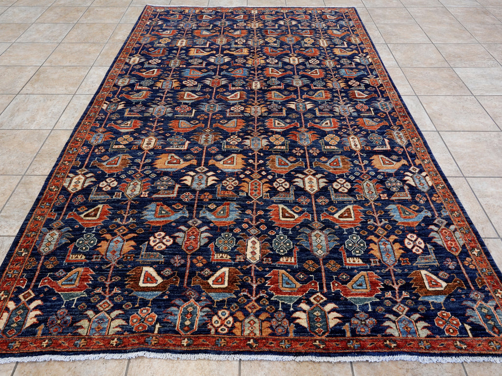 6x9 Ft Blue Afghan Oriental Rug - Hand Knotted Area Rug - Bird Design