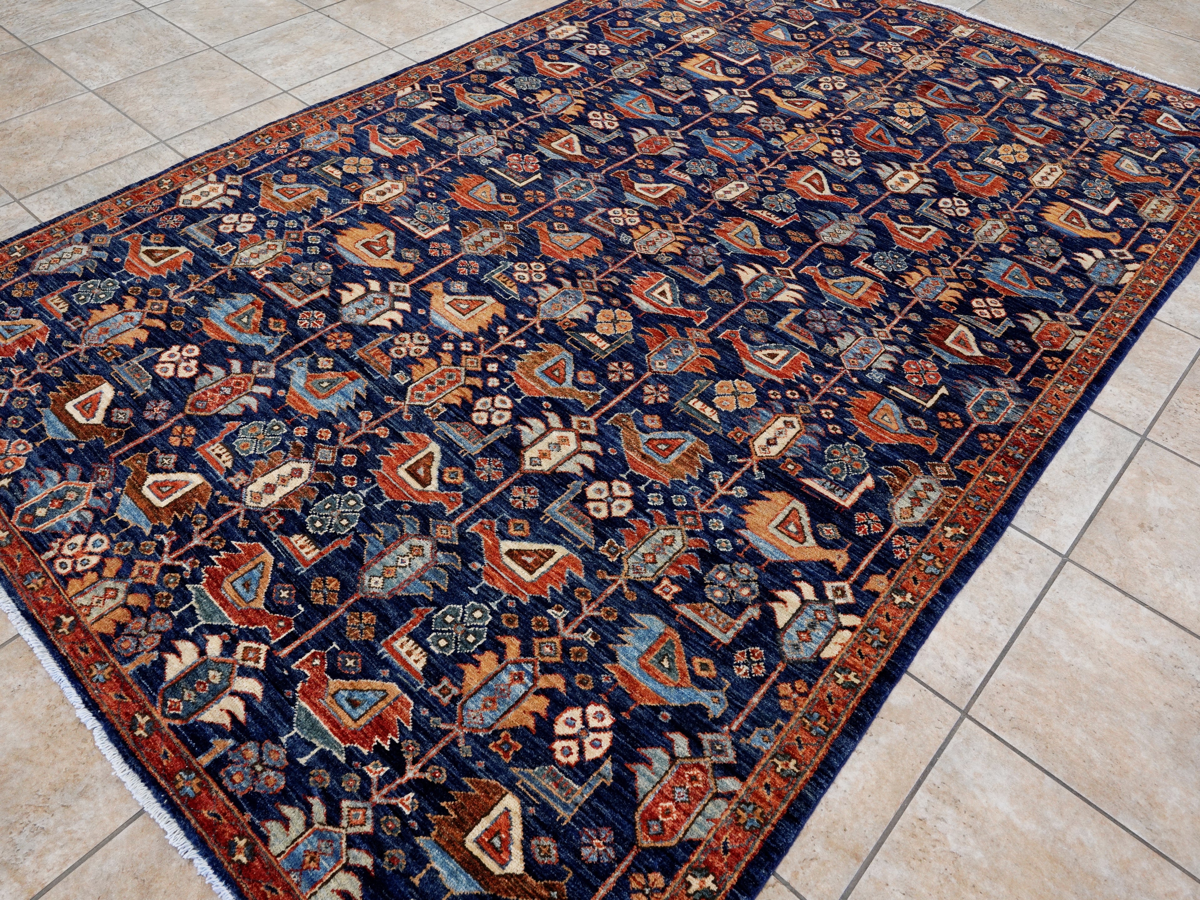 6x9 Ft Blue Afghan Oriental Rug - Hand Knotted Area Rug - Bird Design
