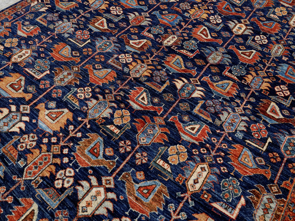 6x9 Ft Blue Afghan Oriental Rug - Hand Knotted Area Rug - Bird Design