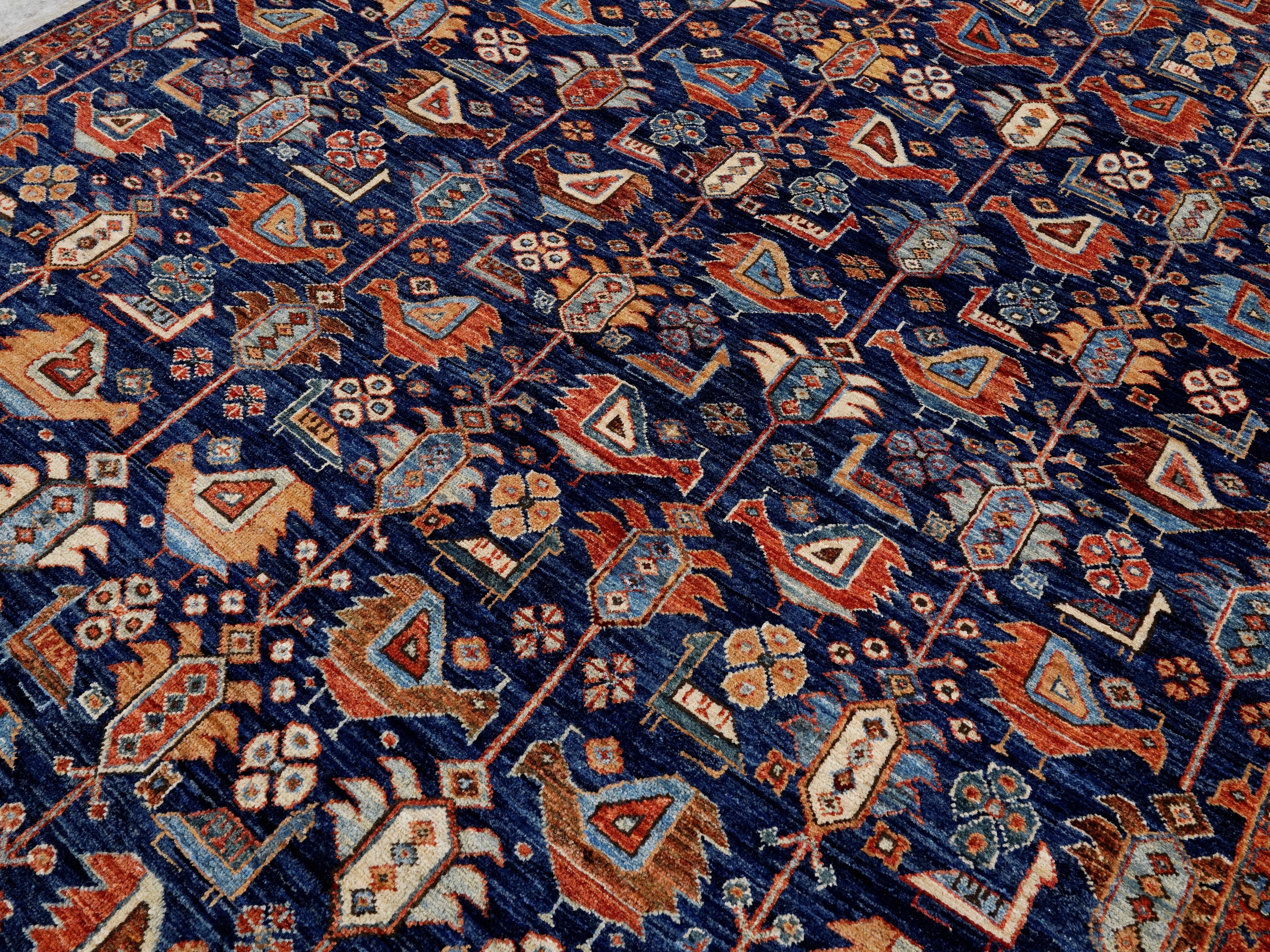 6x9 Ft Blue Afghan Oriental Rug - Hand Knotted Area Rug - Bird Design