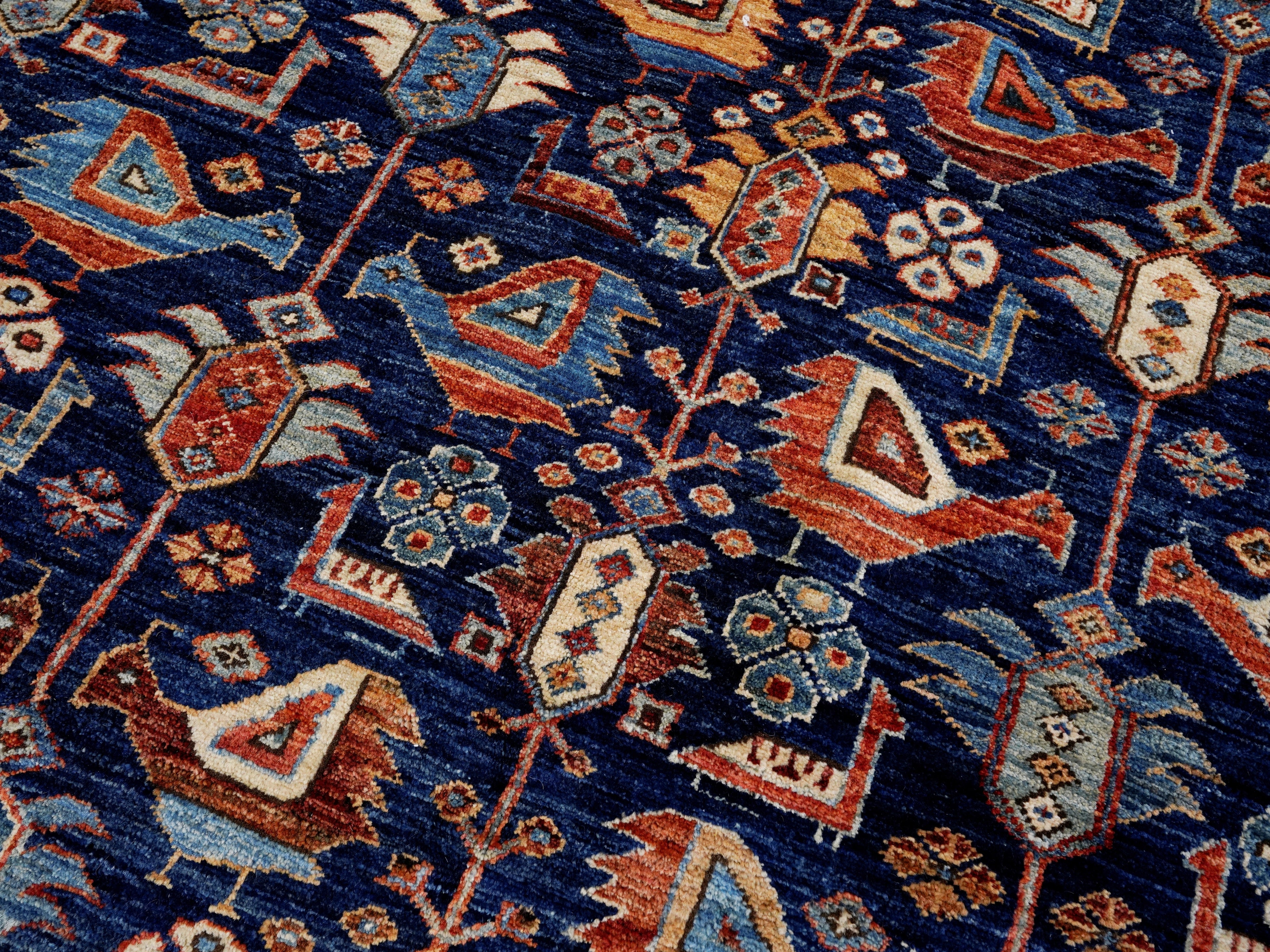 6x9 Ft Blue Afghan Oriental Rug - Hand Knotted Area Rug - Bird Design