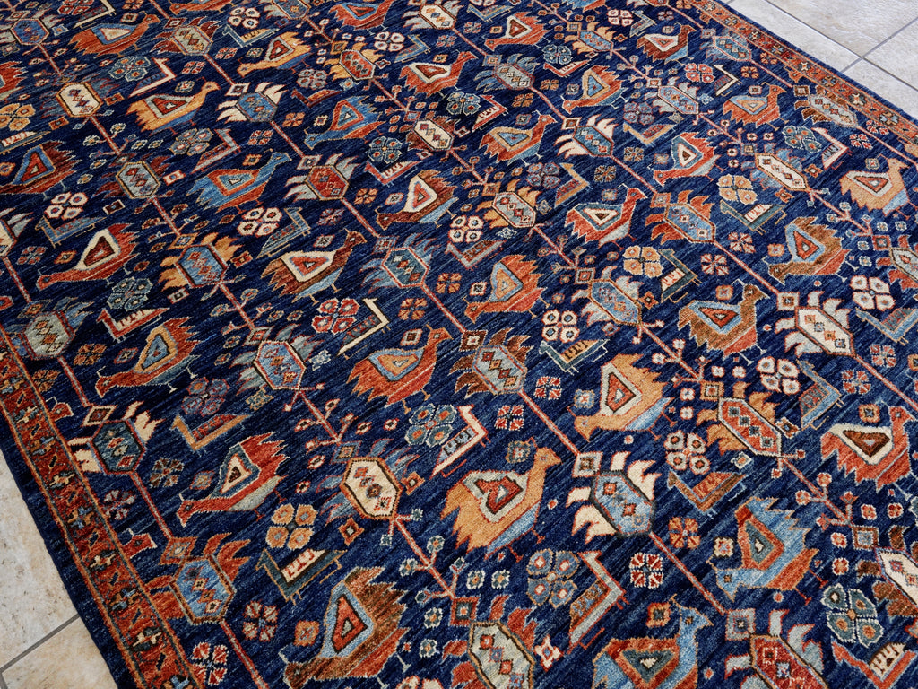 6x9 Ft Blue Afghan Oriental Rug - Hand Knotted Area Rug - Bird Design