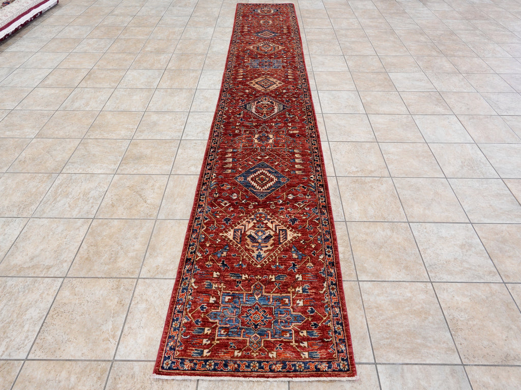 14 Ft Red Afghan Oriental Runner Rug - Hand Knotted Wool Rug
