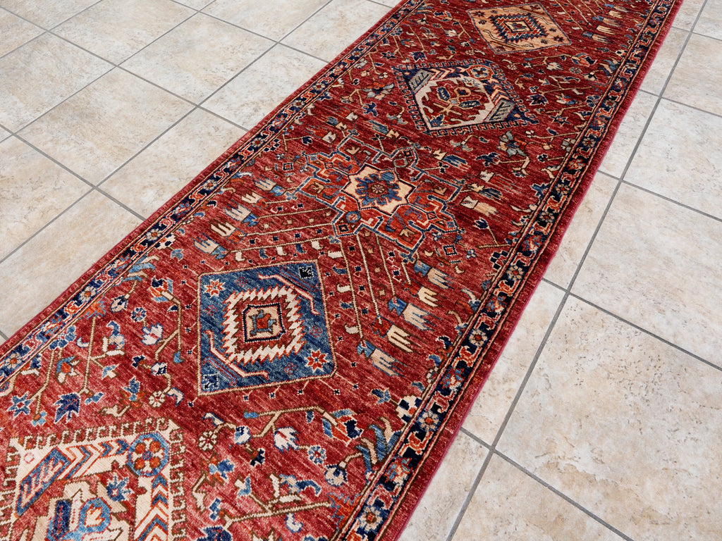 14 Ft Red Afghan Oriental Runner Rug - Hand Knotted Wool Rug