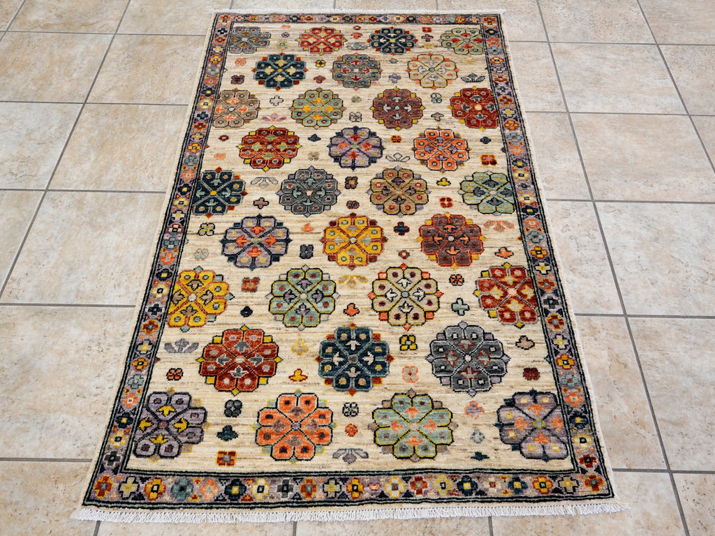 3x5 Ft Beige Floral Rug - Hand Knotted Afghan Rug