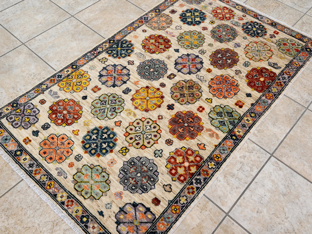 3x5 Ft Beige Floral Rug - Hand Knotted Afghan Rug