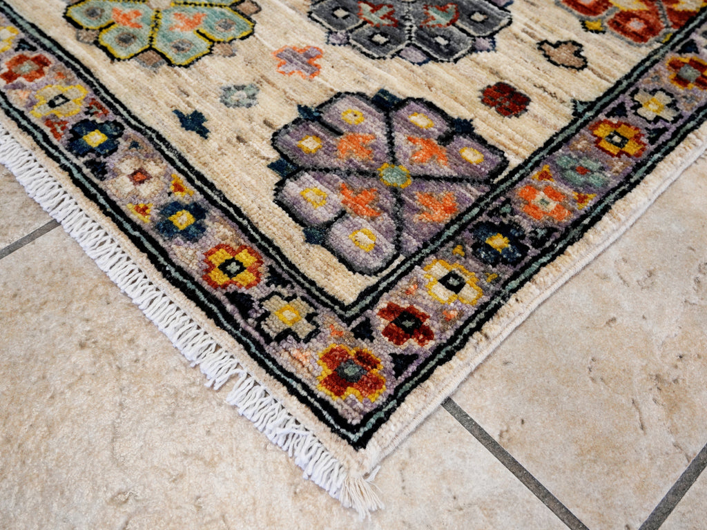 3x5 Ft Beige Floral Rug - Hand Knotted Afghan Rug