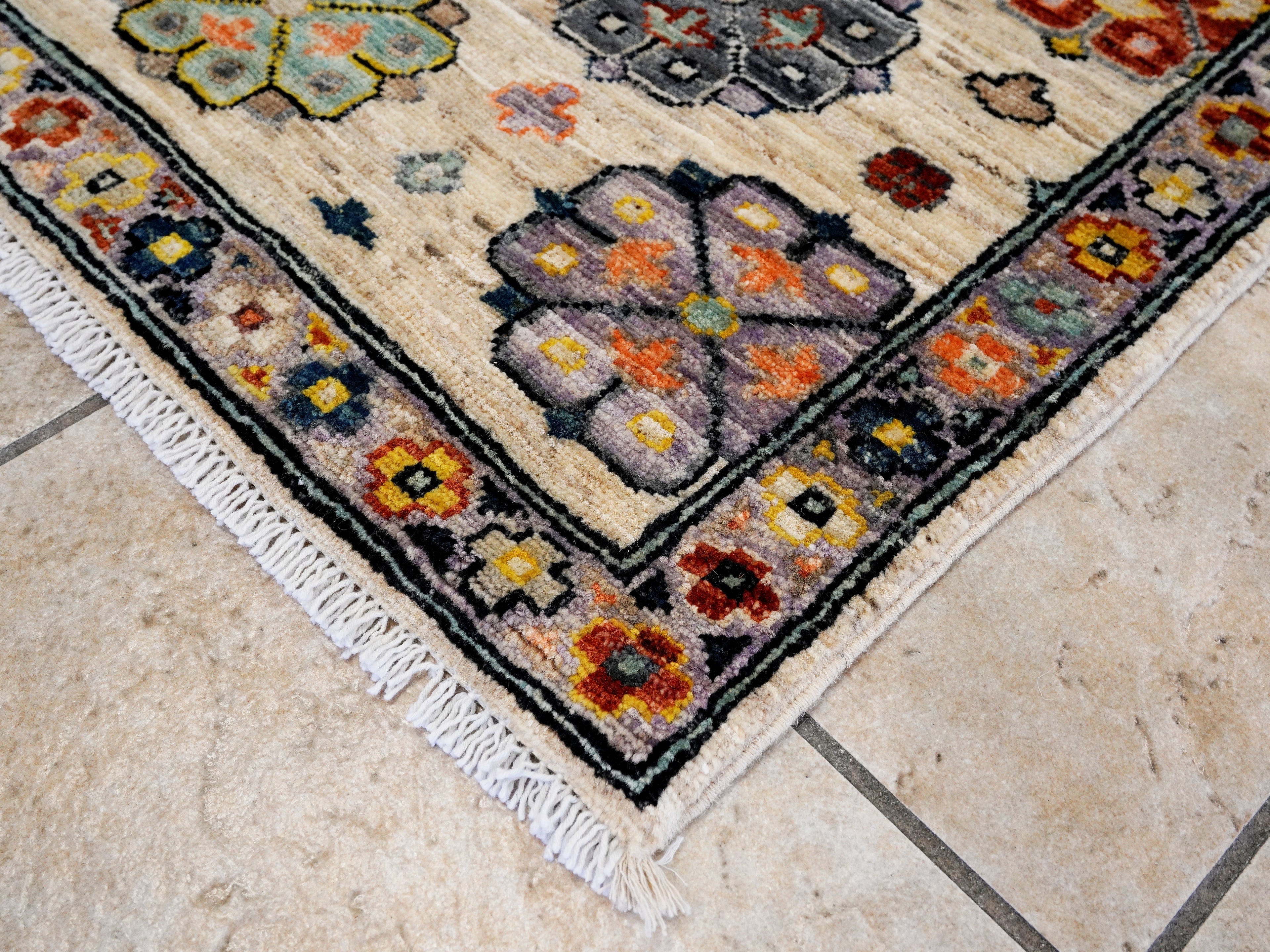 3x5 Ft Beige Floral Rug - Hand Knotted Afghan Rug