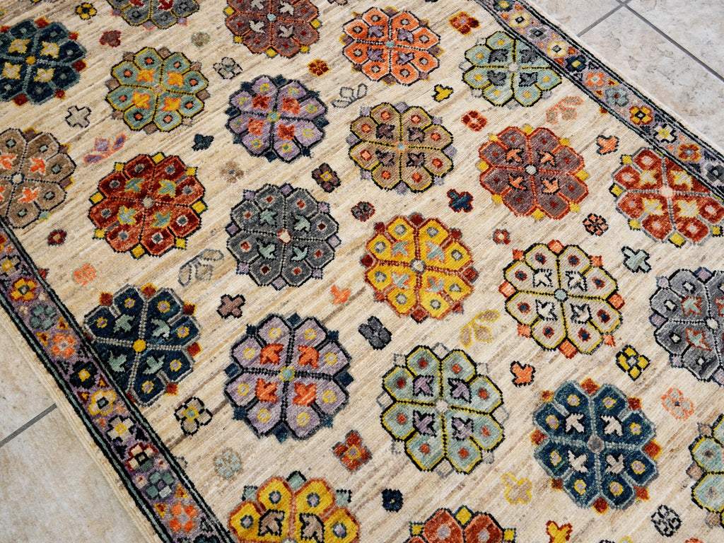 3x5 Ft Beige Floral Rug - Hand Knotted Afghan Rug