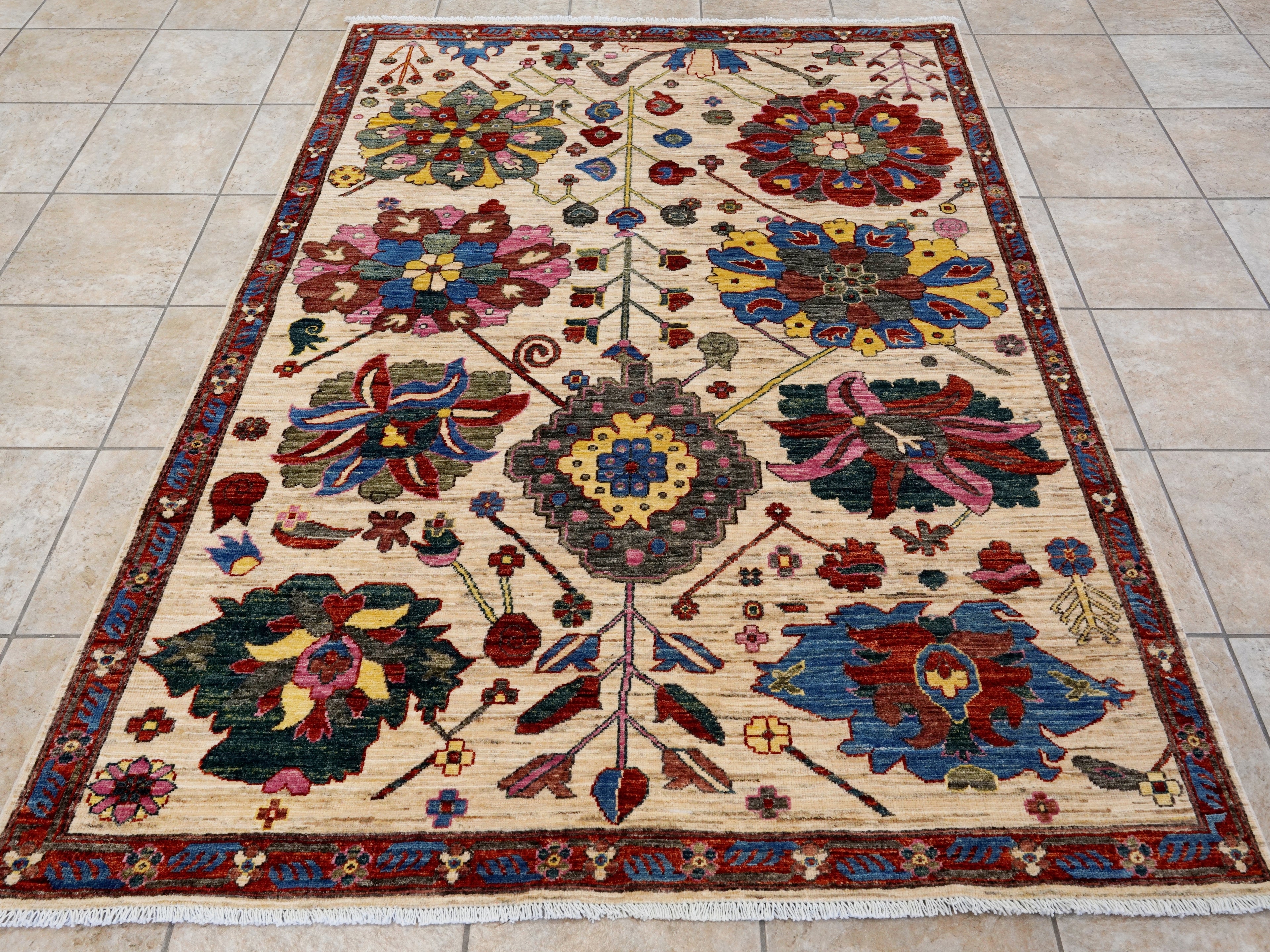 5x7 Ft Red & Beige Floral Rug - Afghan Hand Knotted Rug