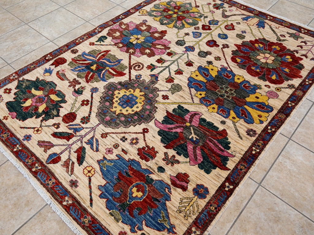 5x7 Ft Red & Beige Floral Rug - Afghan Hand Knotted Rug