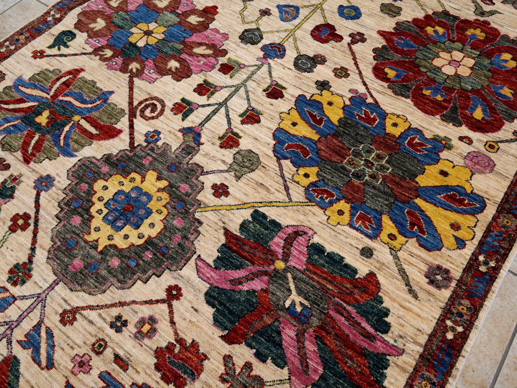 5x7 Ft Red & Beige Floral Rug - Afghan Hand Knotted Rug