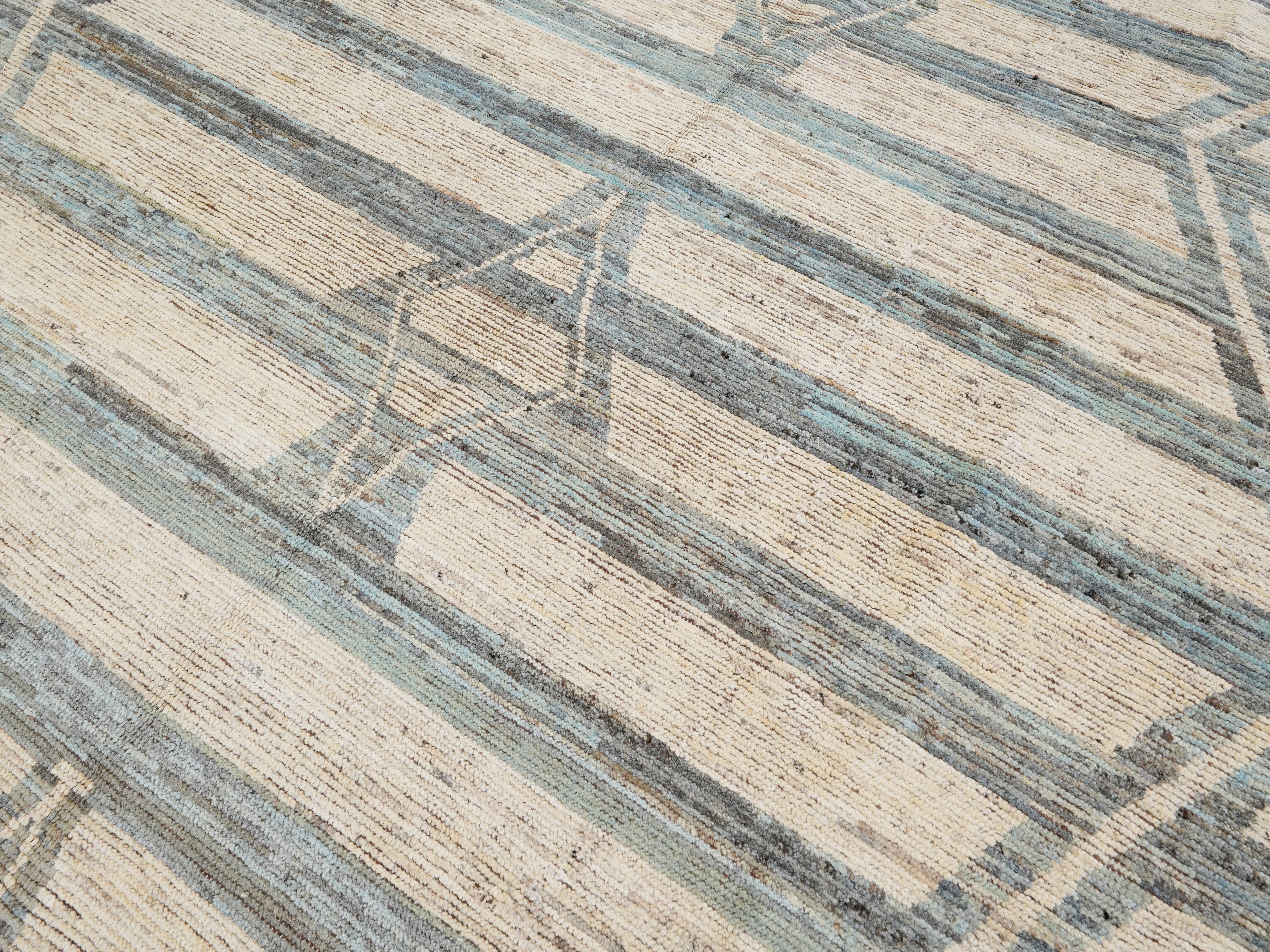 8x10 Ft Beige & Blue Moroccan Rug - Hand Knotted Area Rug